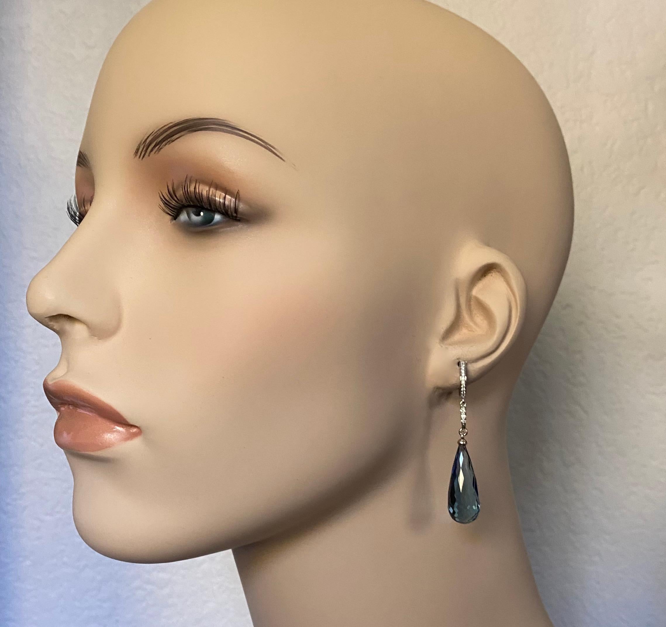 Michael Kneebone Blue Topaz Briolette Pave Diamond Dangle Earrings For Sale 2