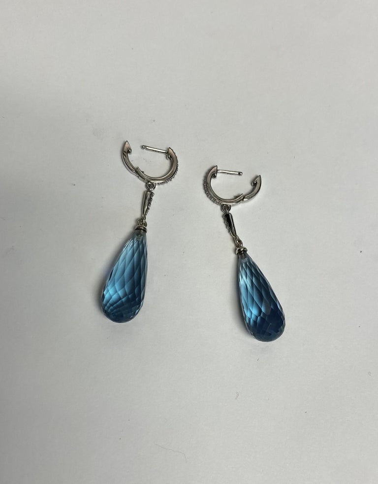 Michael Kneebone Blue Topaz Briolette Pave Diamond Dangle Earrings For Sale 3