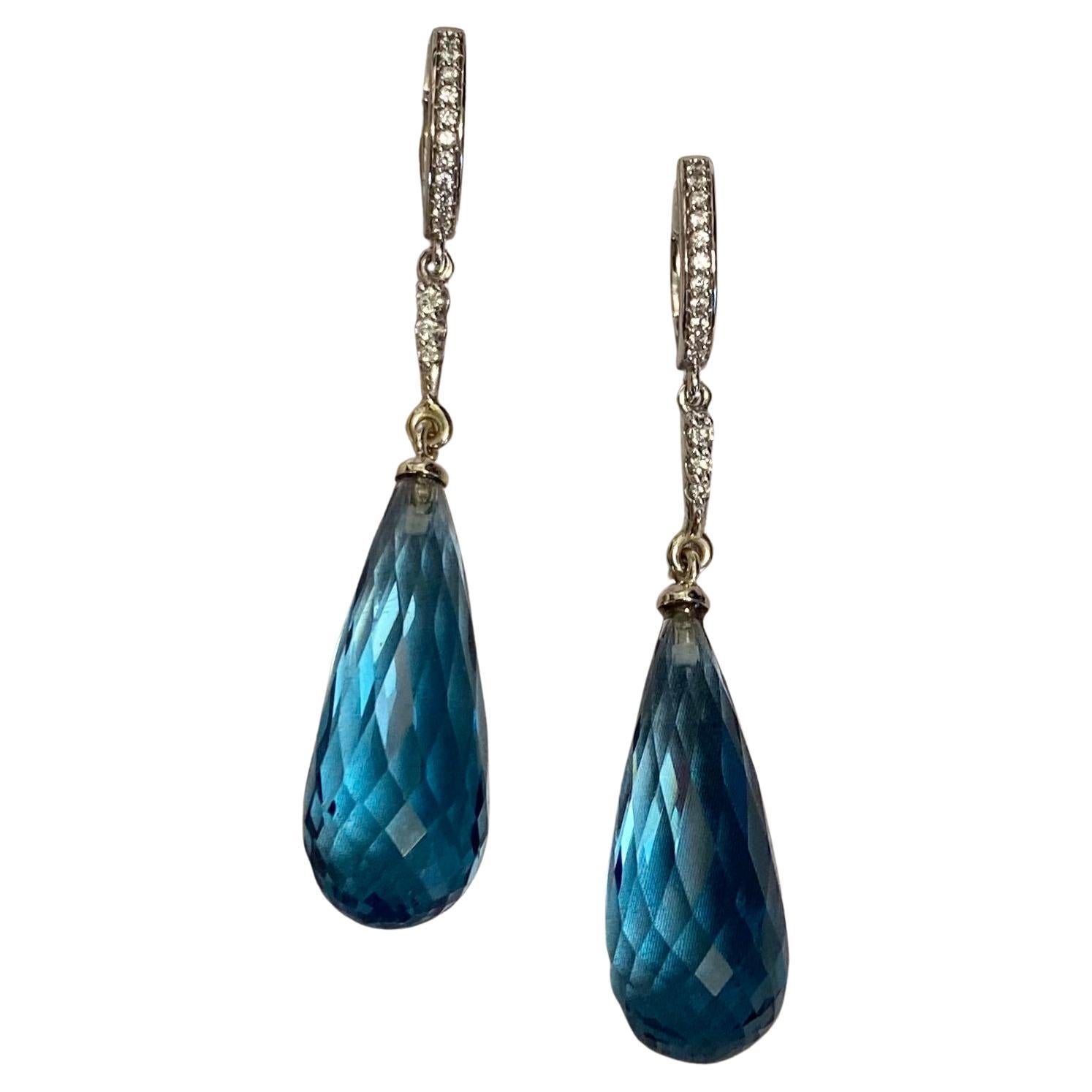 Michael Kneebone Blue Topaz Briolette Pave Diamond Dangle Earrings For Sale