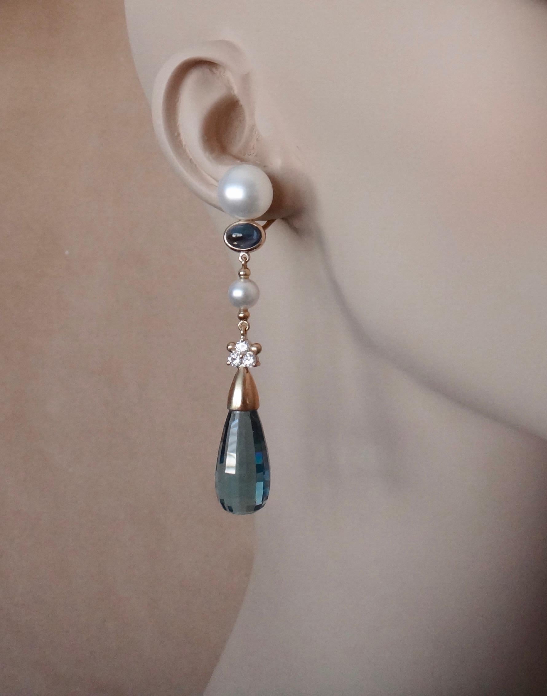Michael Kneebone Blue Topaz Briolette Pearl Diamond Dangle Earrings For Sale 3