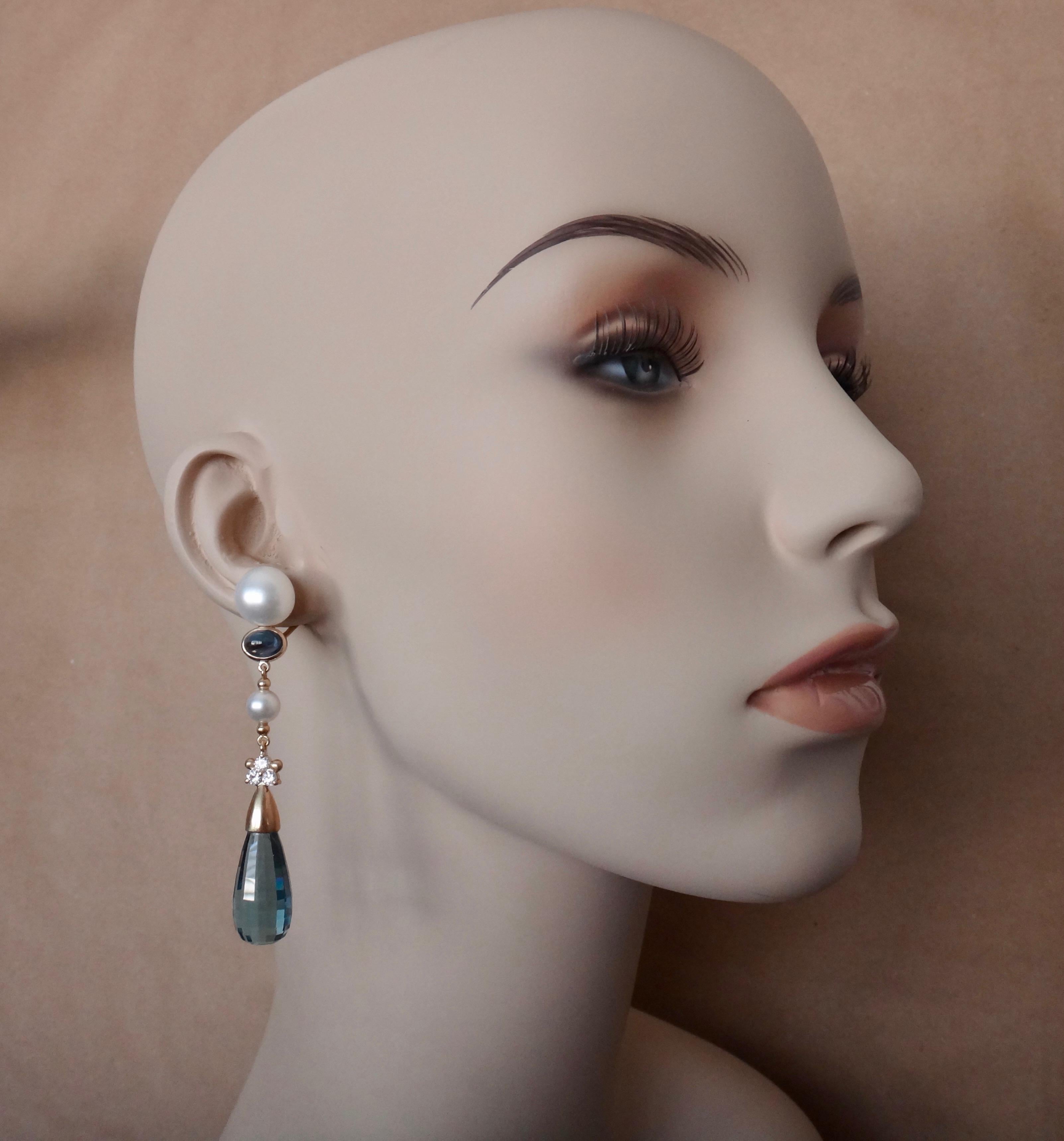 Contemporain Michael Kneebone Pendants d'oreilles en topaze bleue, perle briolette et diamant en vente
