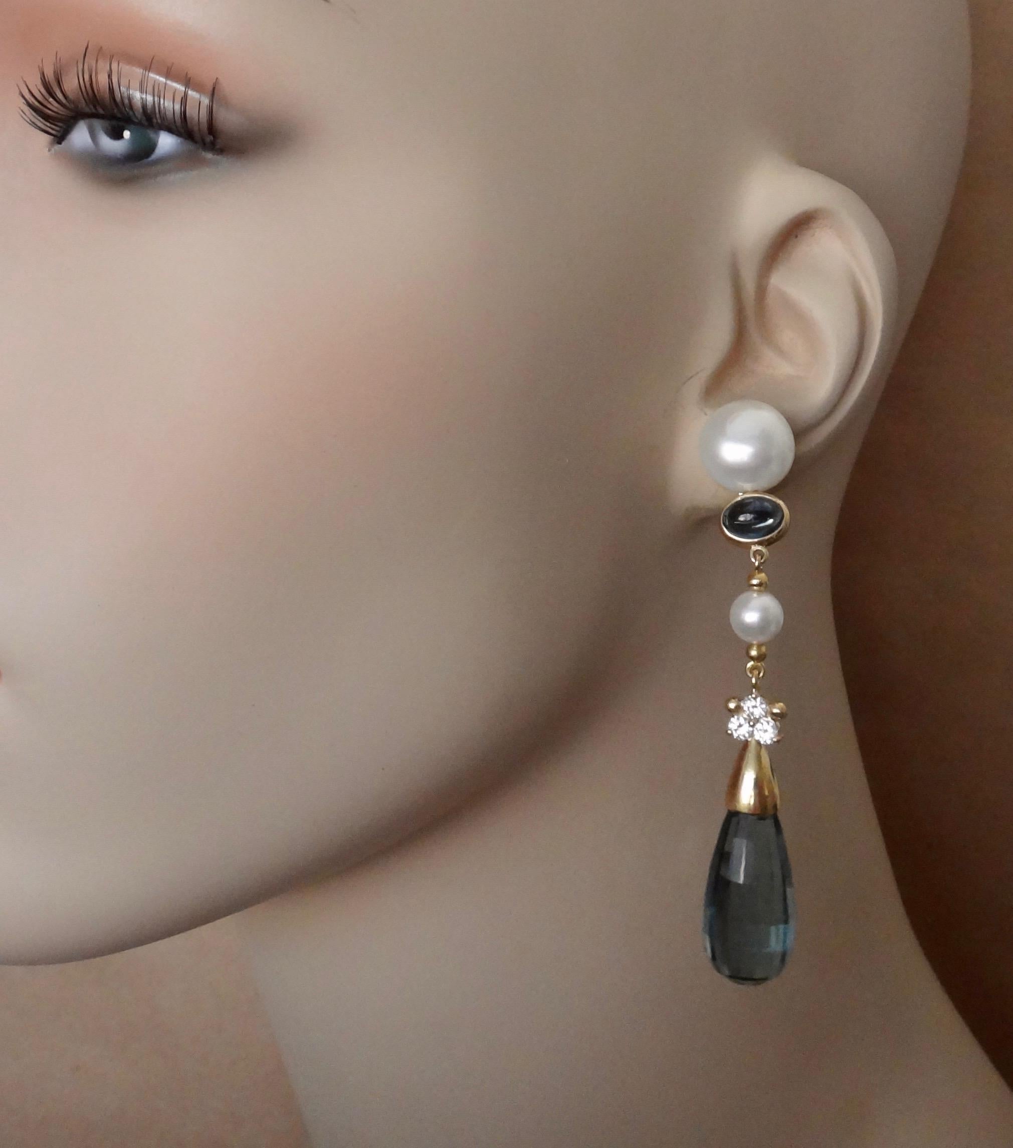 Michael Kneebone Pendants d'oreilles en topaze bleue, perle briolette et diamant Neuf - En vente à Austin, TX