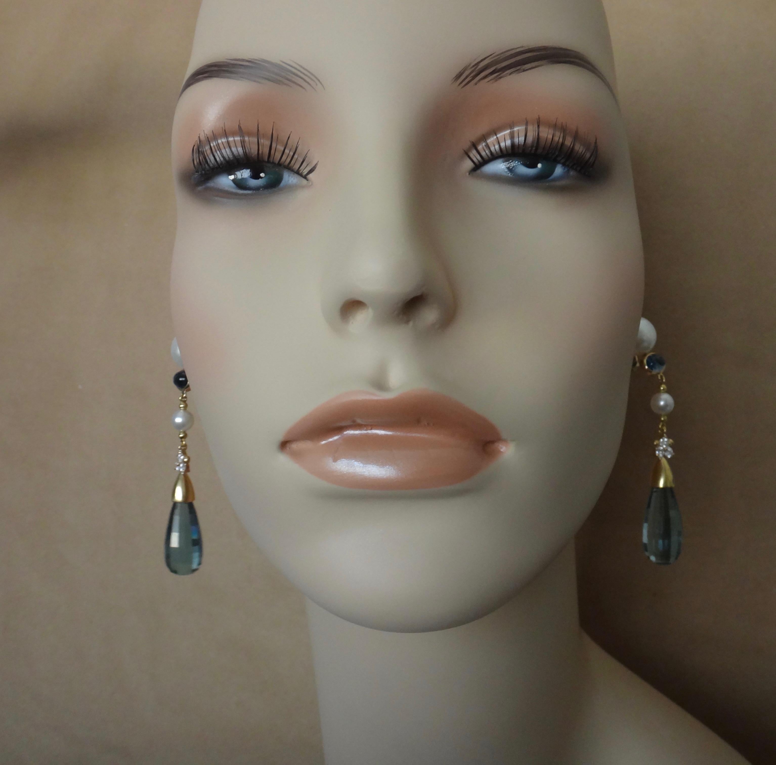 Mixed Cut Michael Kneebone Blue Topaz Briolette Pearl Diamond Dangle Earrings For Sale