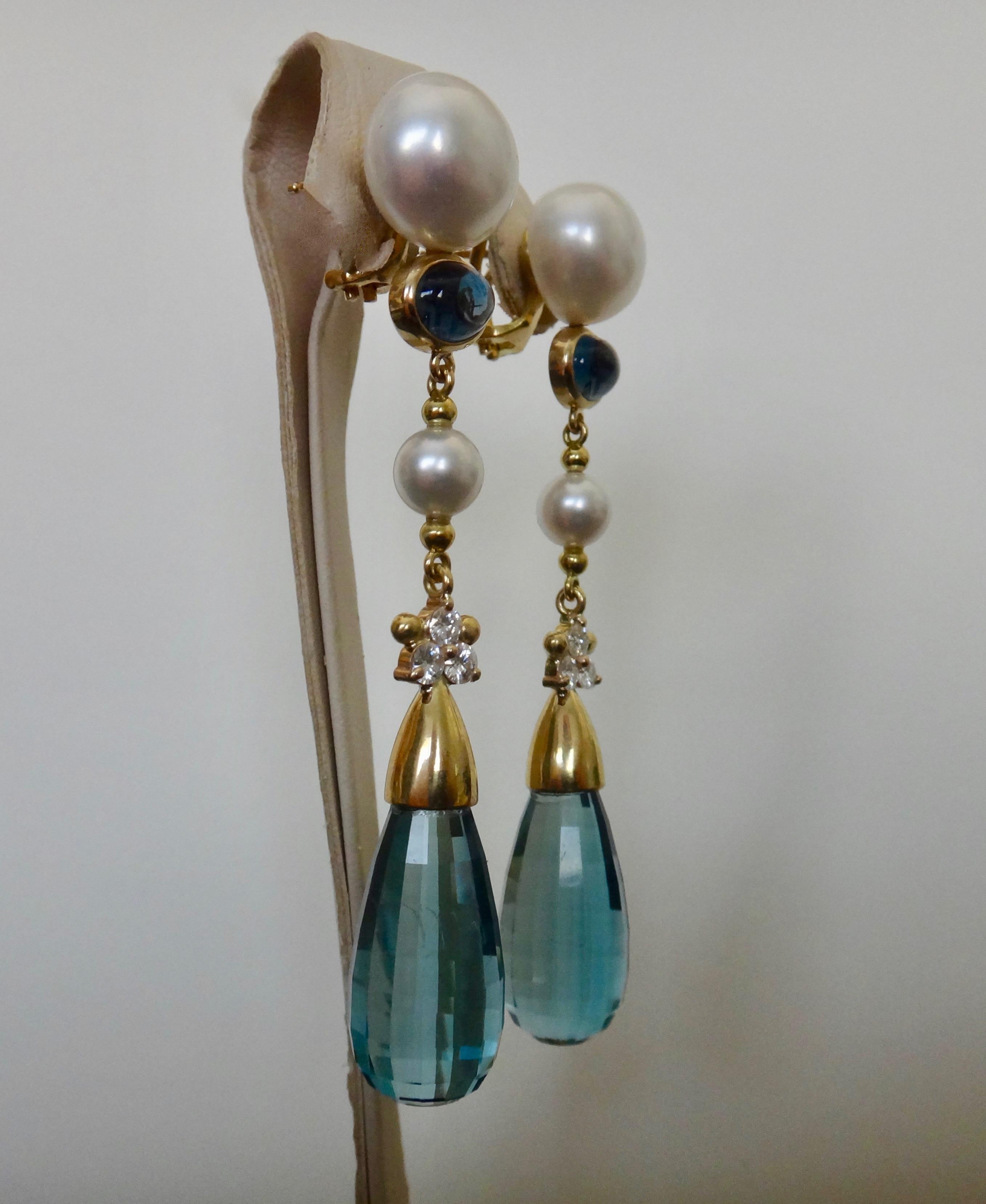 Michael Kneebone Blue Topaz Briolette Pearl Diamond Dangle Earrings In New Condition For Sale In Austin, TX