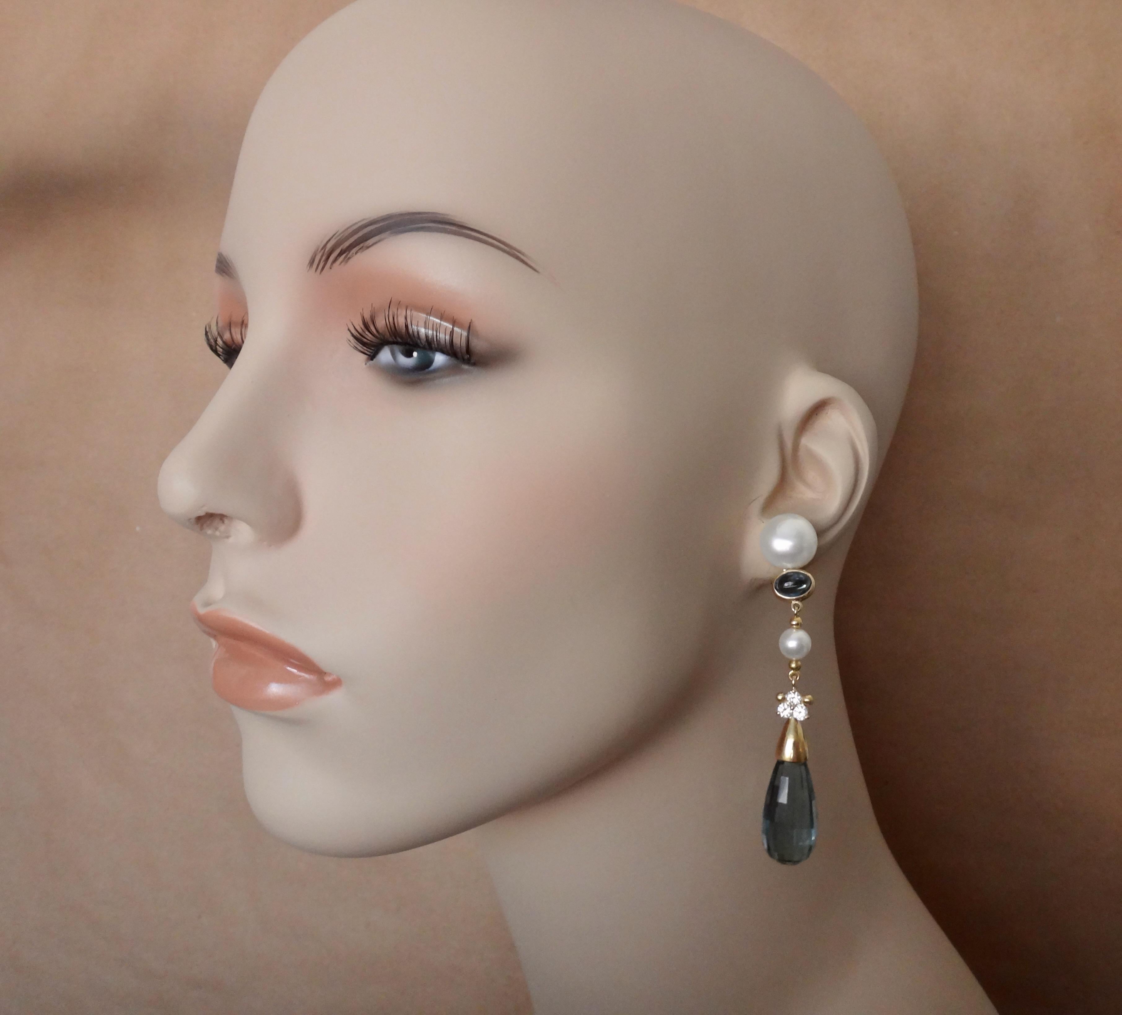 Women's or Men's Michael Kneebone Blue Topaz Briolette Pearl Diamond Dangle Earrings For Sale