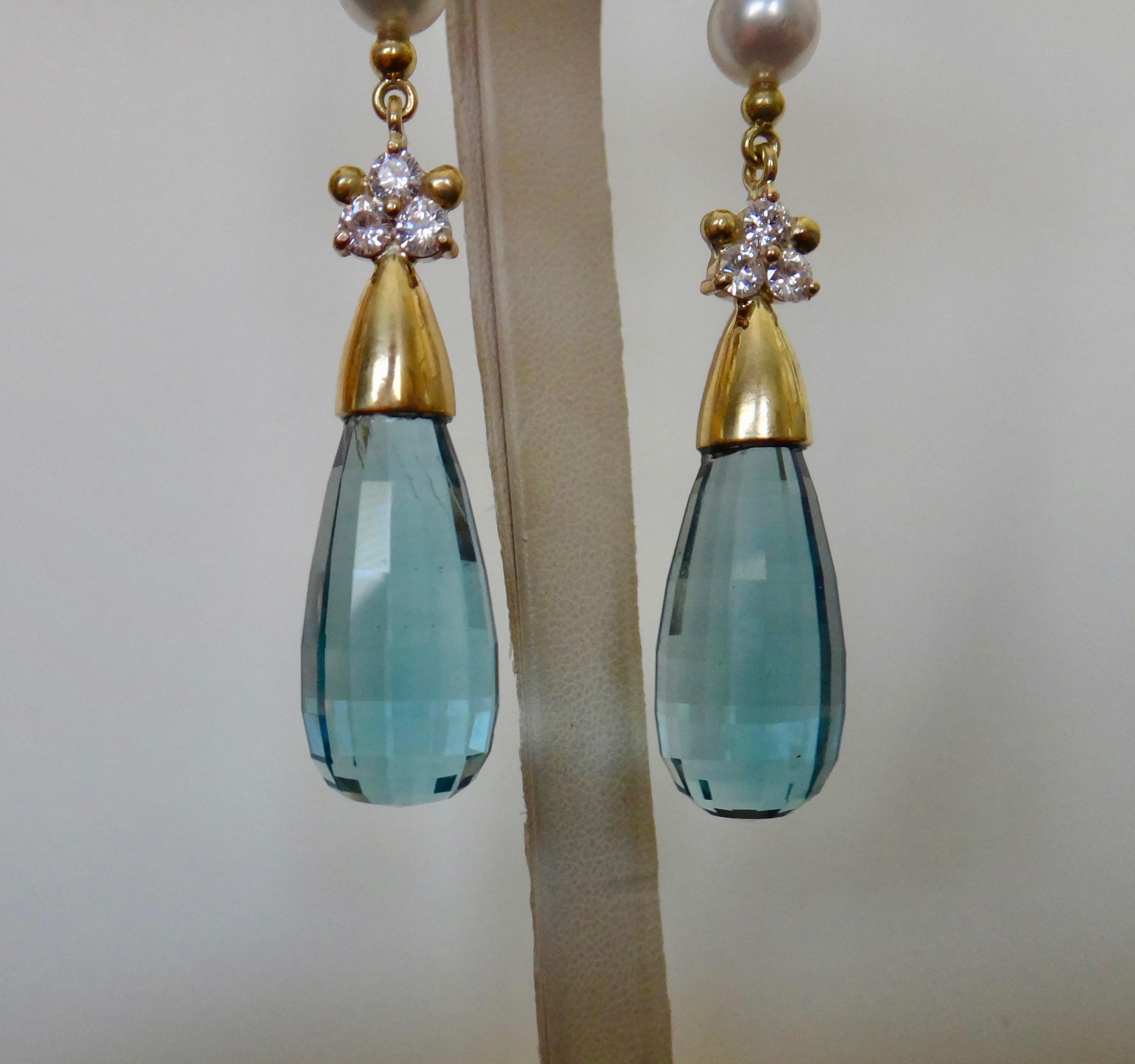 Michael Kneebone Blue Topaz Briolette Pearl Diamond Dangle Earrings For Sale 1