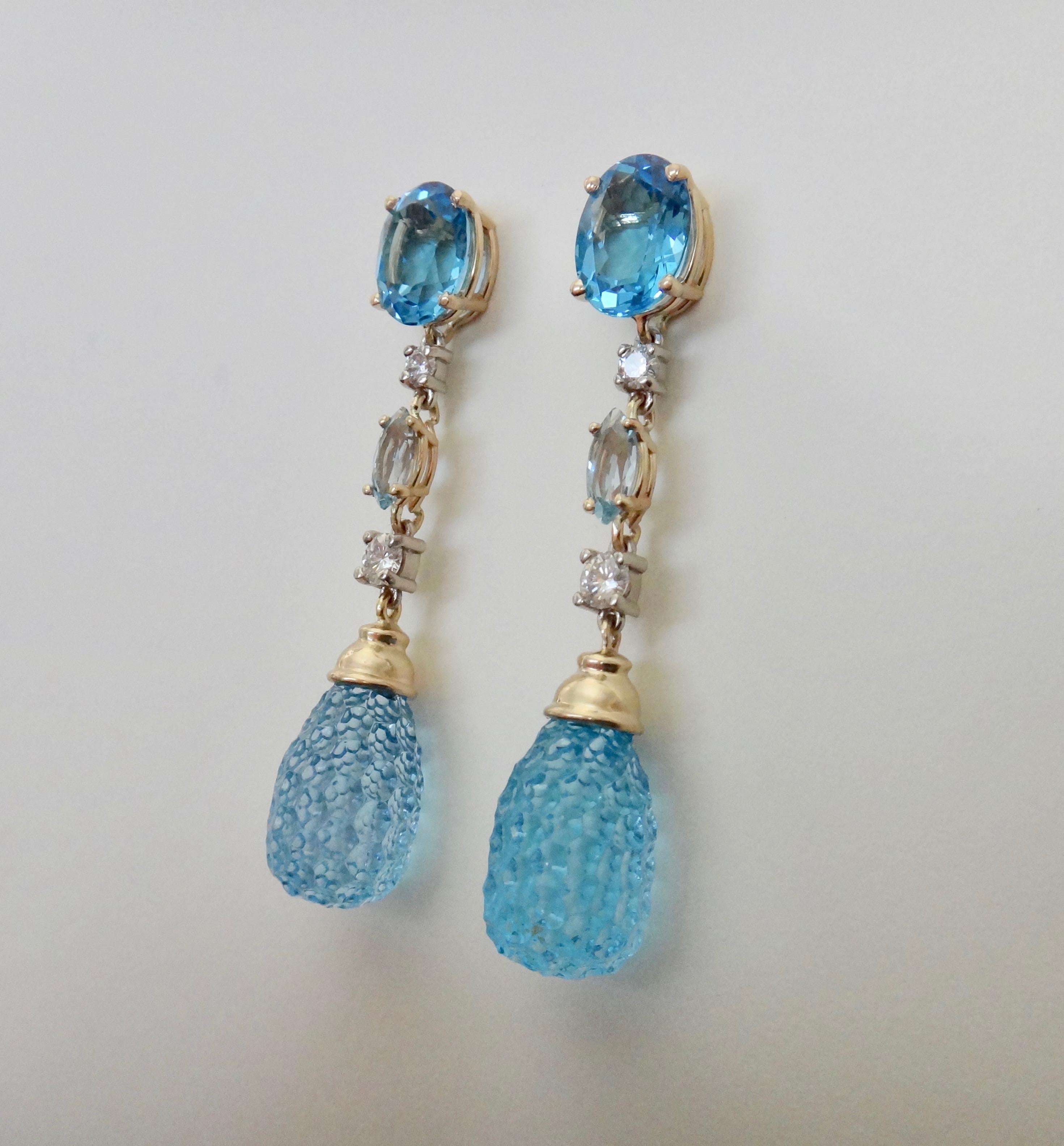 Contemporary Michael Kneebone Blue Topaz Carved Briolette Aquamarine Diamond Dangle Earrings