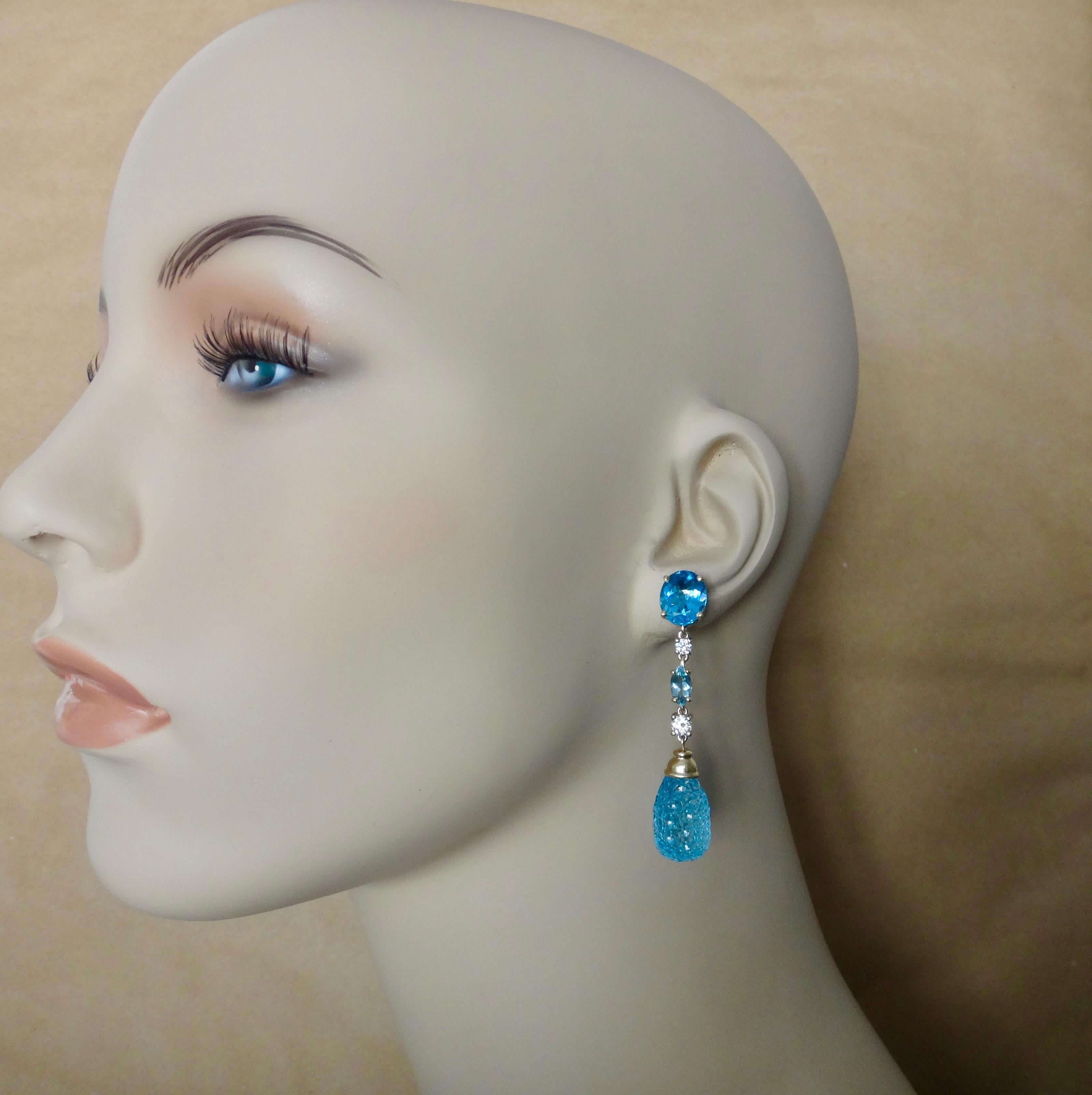 Briolette Cut Michael Kneebone Blue Topaz Carved Briolette Aquamarine Diamond Dangle Earrings