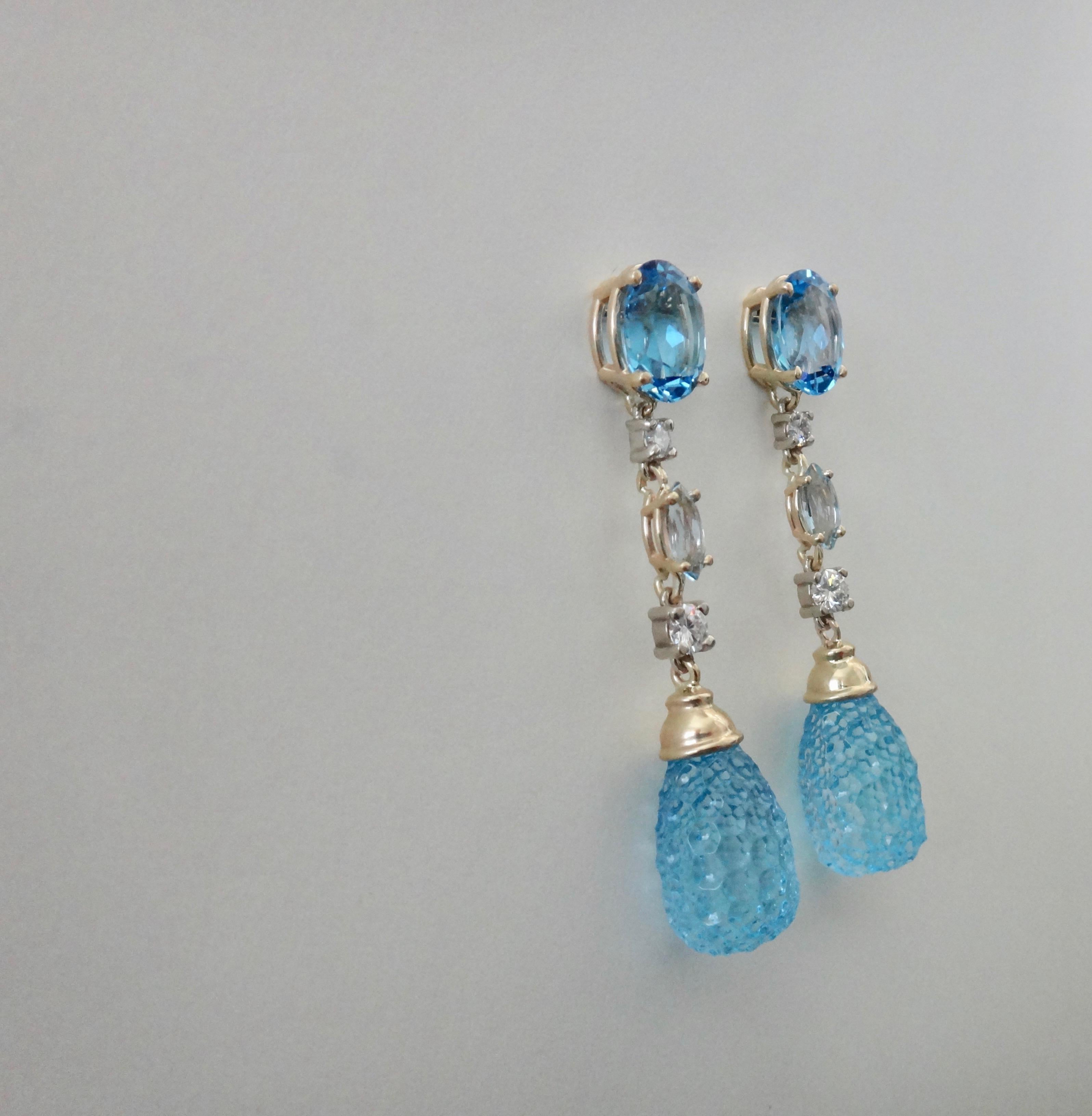 Michael Kneebone Blue Topaz Carved Briolette Aquamarine Diamond Dangle Earrings In New Condition In Austin, TX