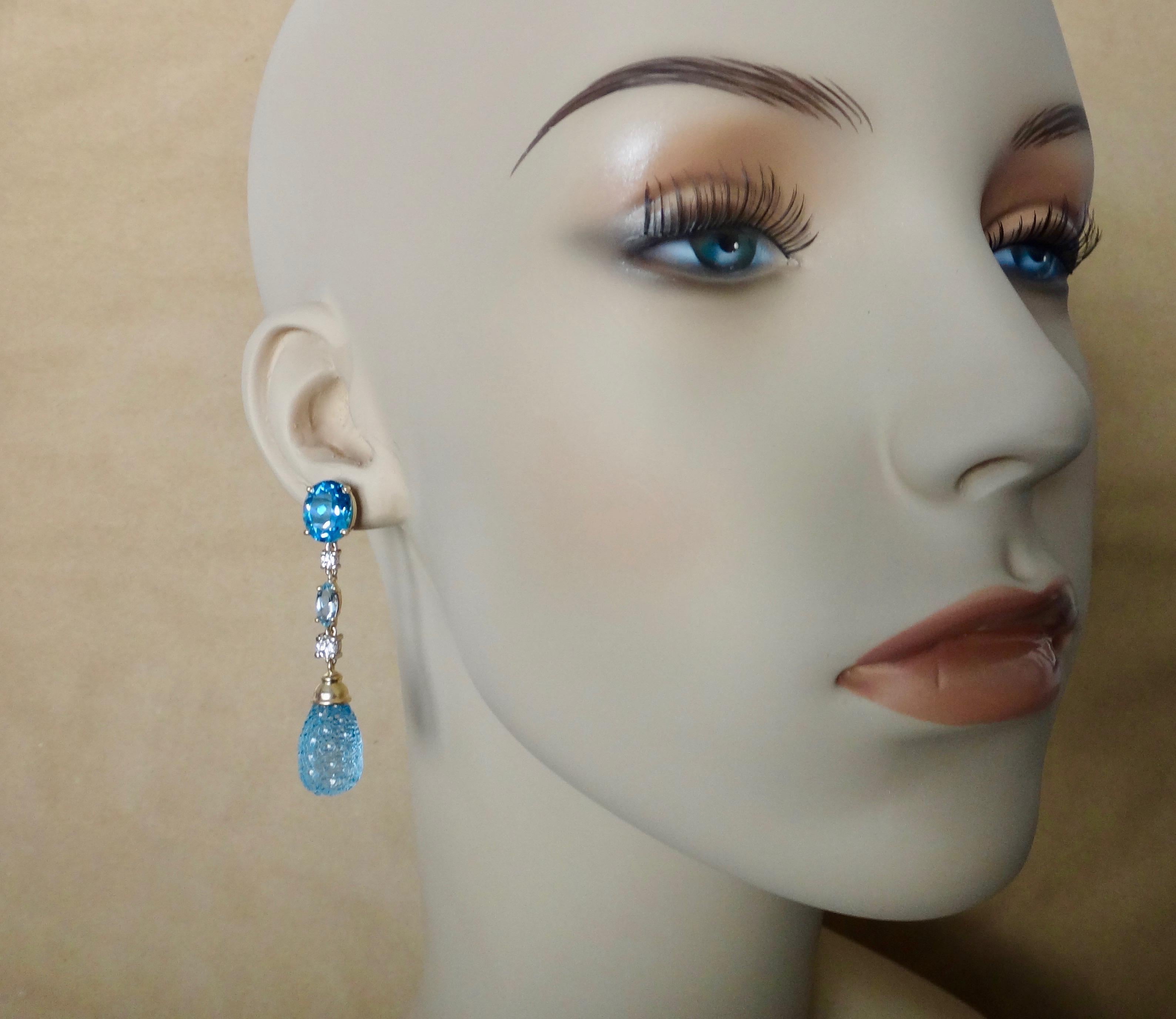 Women's or Men's Michael Kneebone Blue Topaz Carved Briolette Aquamarine Diamond Dangle Earrings