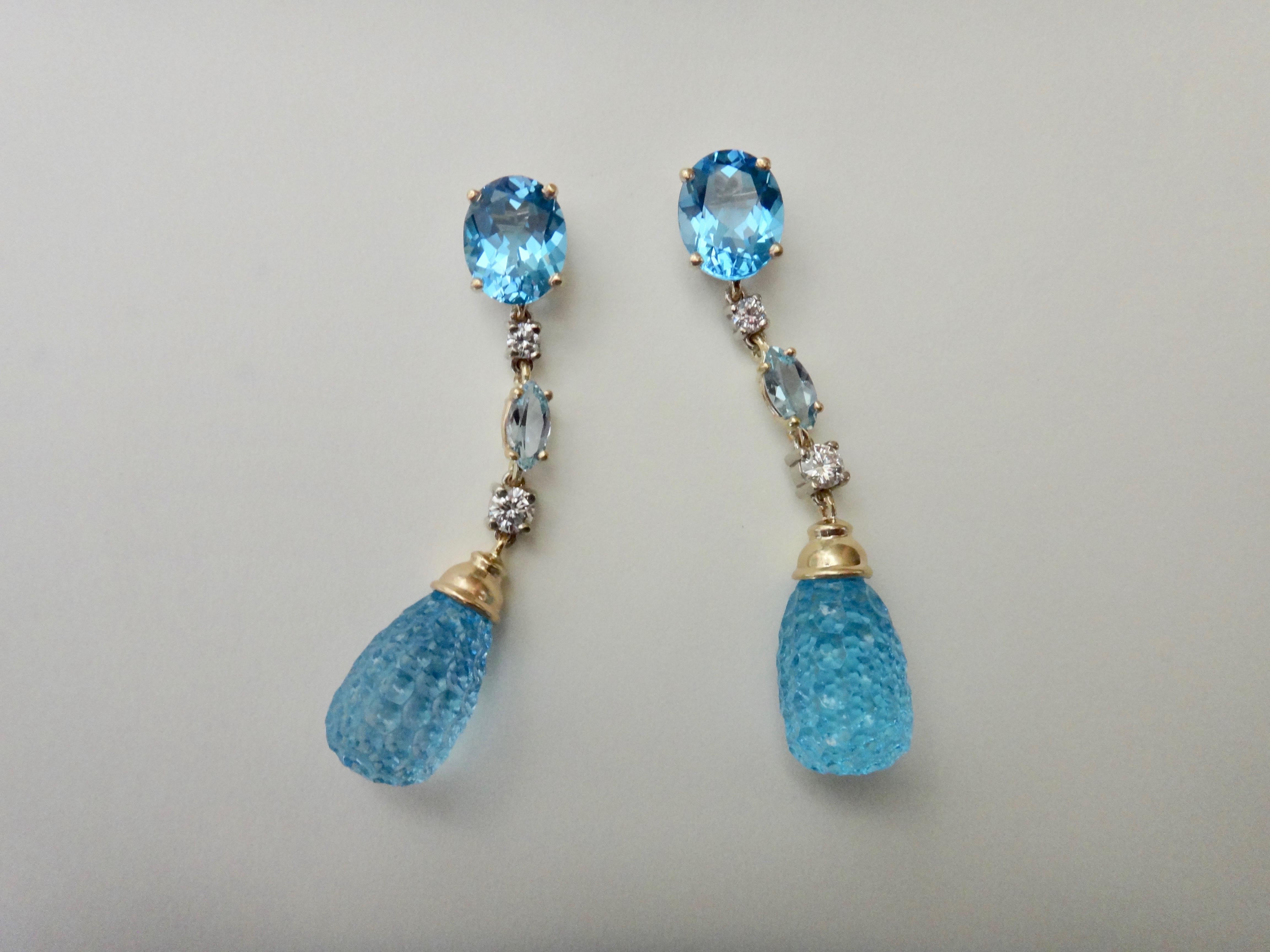 Michael Kneebone Blue Topaz Carved Briolette Aquamarine Diamond Dangle Earrings 1