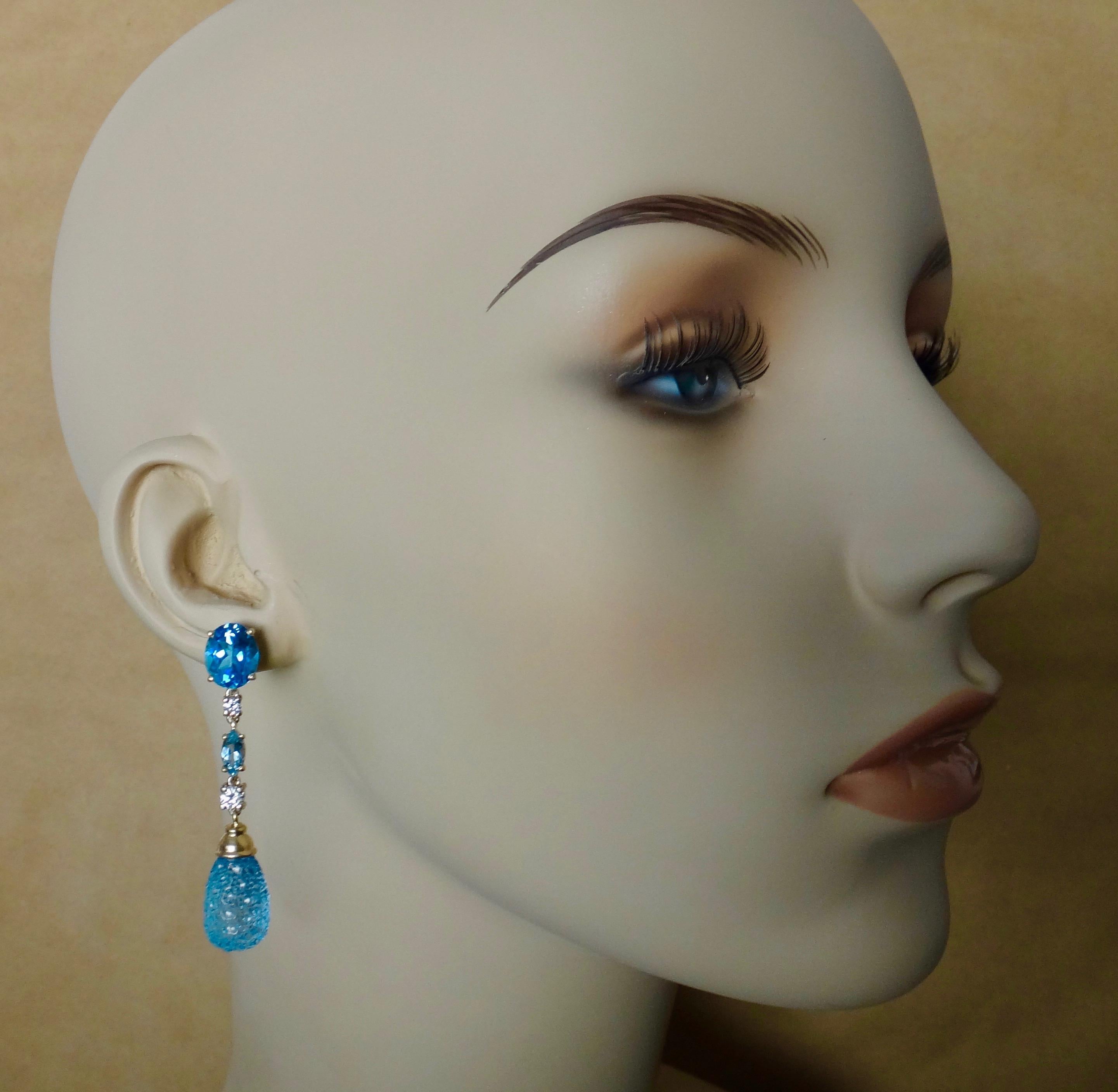 Michael Kneebone Blue Topaz Carved Briolette Aquamarine Diamond Dangle Earrings 2