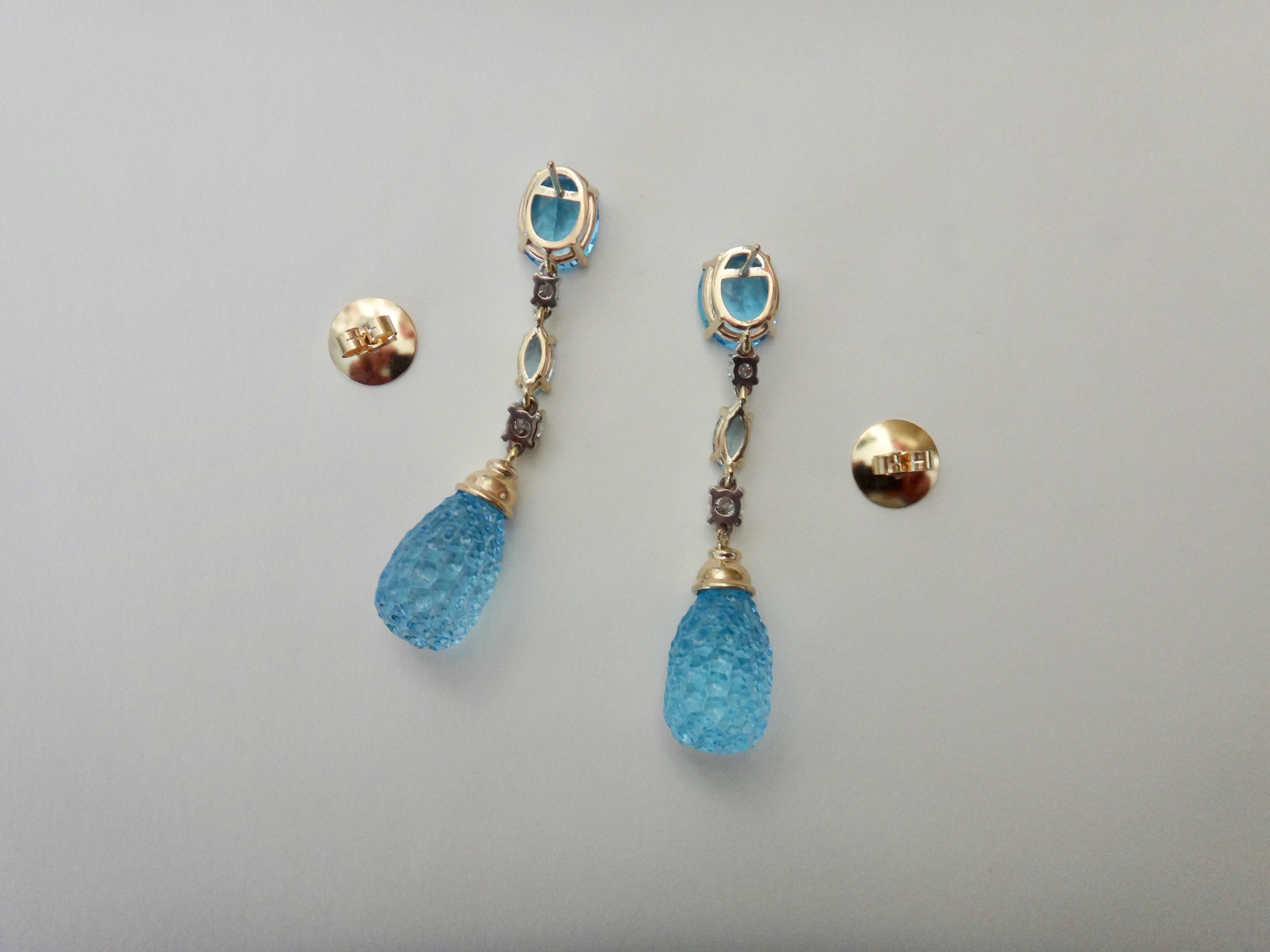 Michael Kneebone Blue Topaz Carved Briolette Aquamarine Diamond Dangle Earrings 3