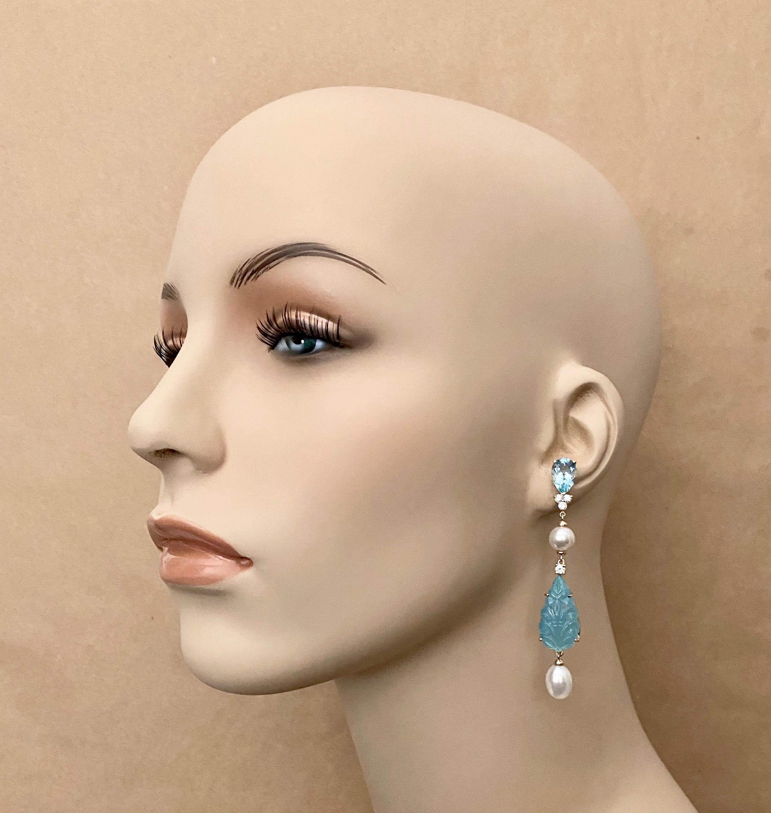 Michael Kneebone Blue Topaz Diamond Akoya Pearl Blue Chalcedony Dangle Earrings For Sale 4