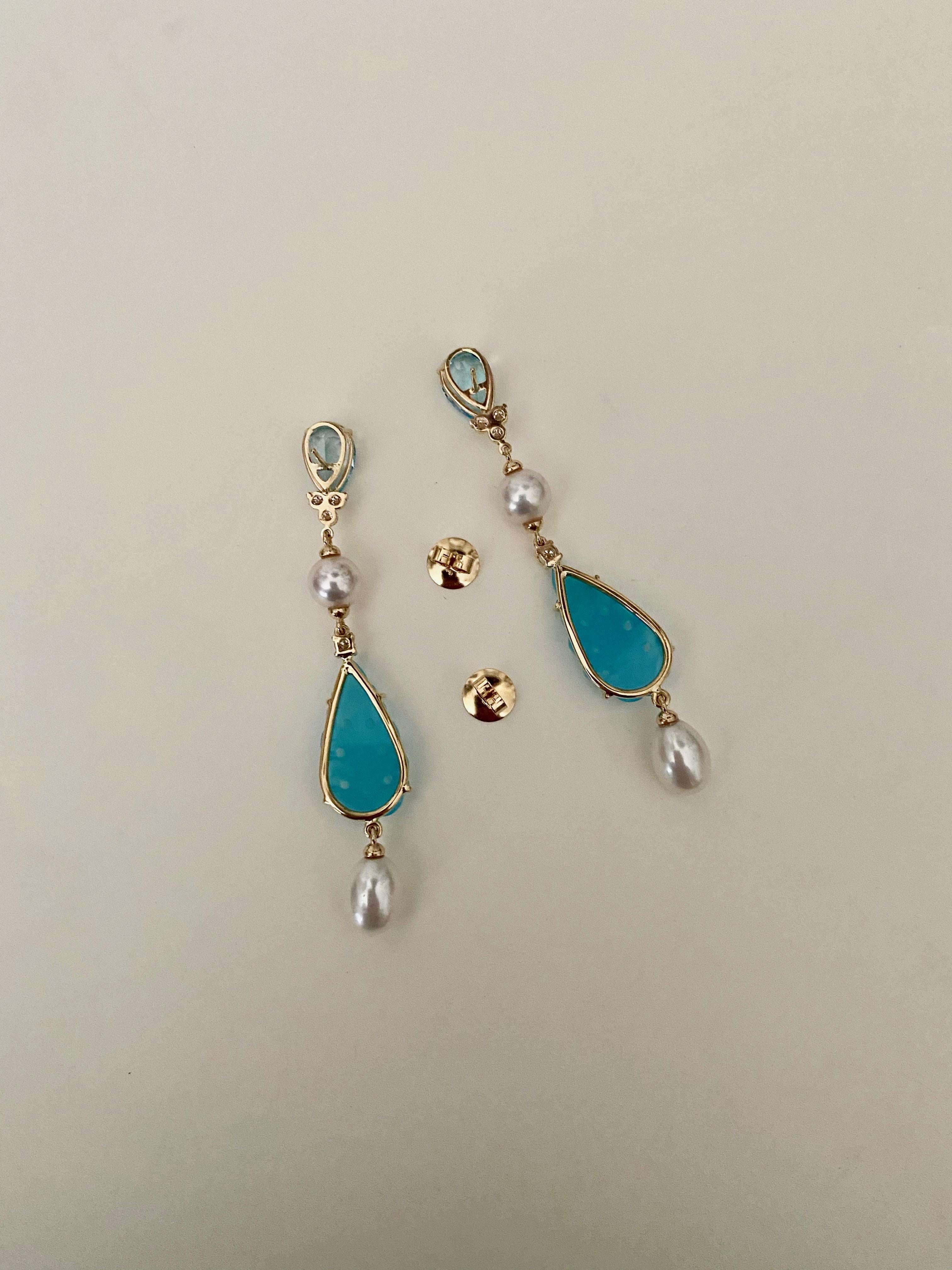 Michael Kneebone Blue Topaz Diamond Akoya Pearl Blue Chalcedony Dangle Earrings For Sale 5