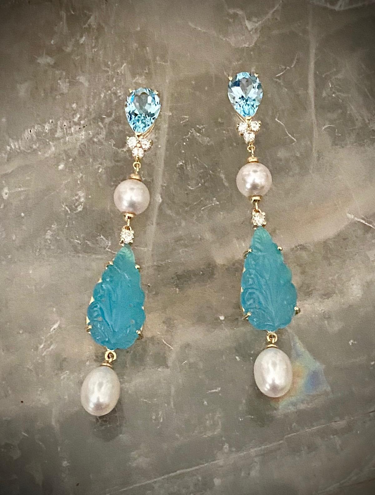 Contemporary Michael Kneebone Blue Topaz Diamond Akoya Pearl Blue Chalcedony Dangle Earrings For Sale