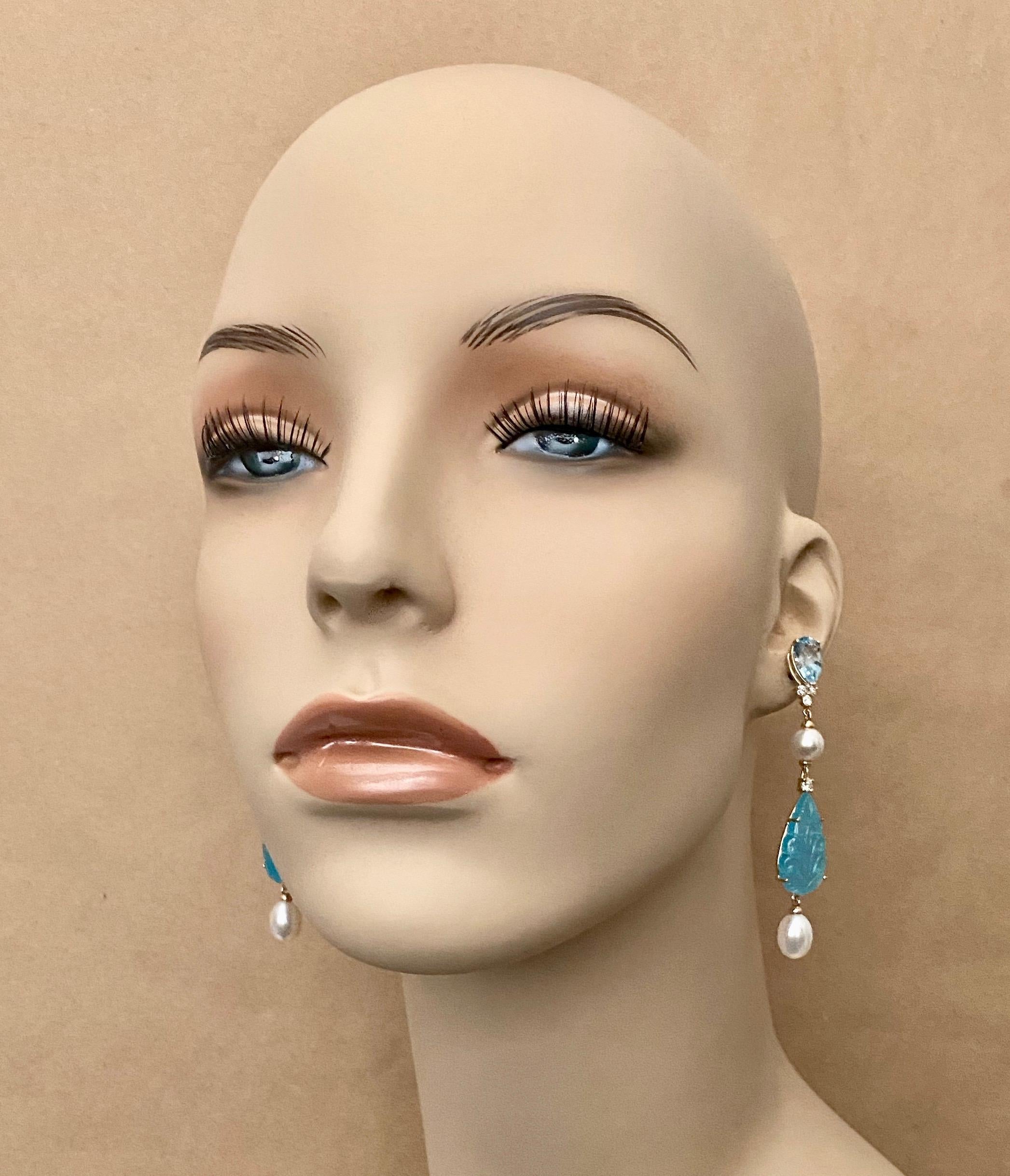 Mixed Cut Michael Kneebone Blue Topaz Diamond Akoya Pearl Blue Chalcedony Dangle Earrings For Sale