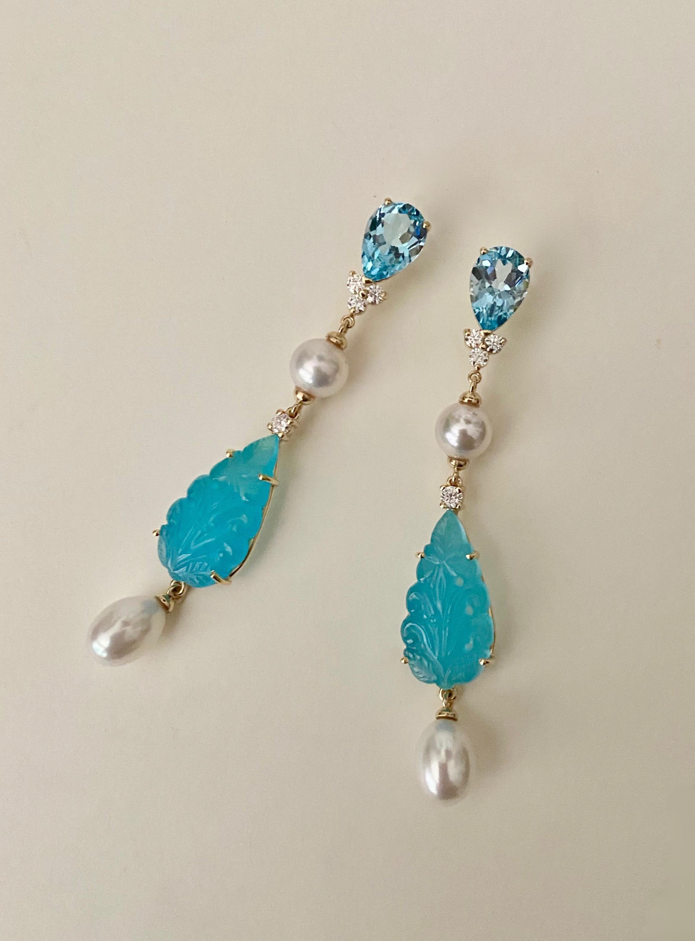 Michael Kneebone Blue Topaz Diamond Akoya Pearl Blue Chalcedony Dangle Earrings In New Condition For Sale In Austin, TX