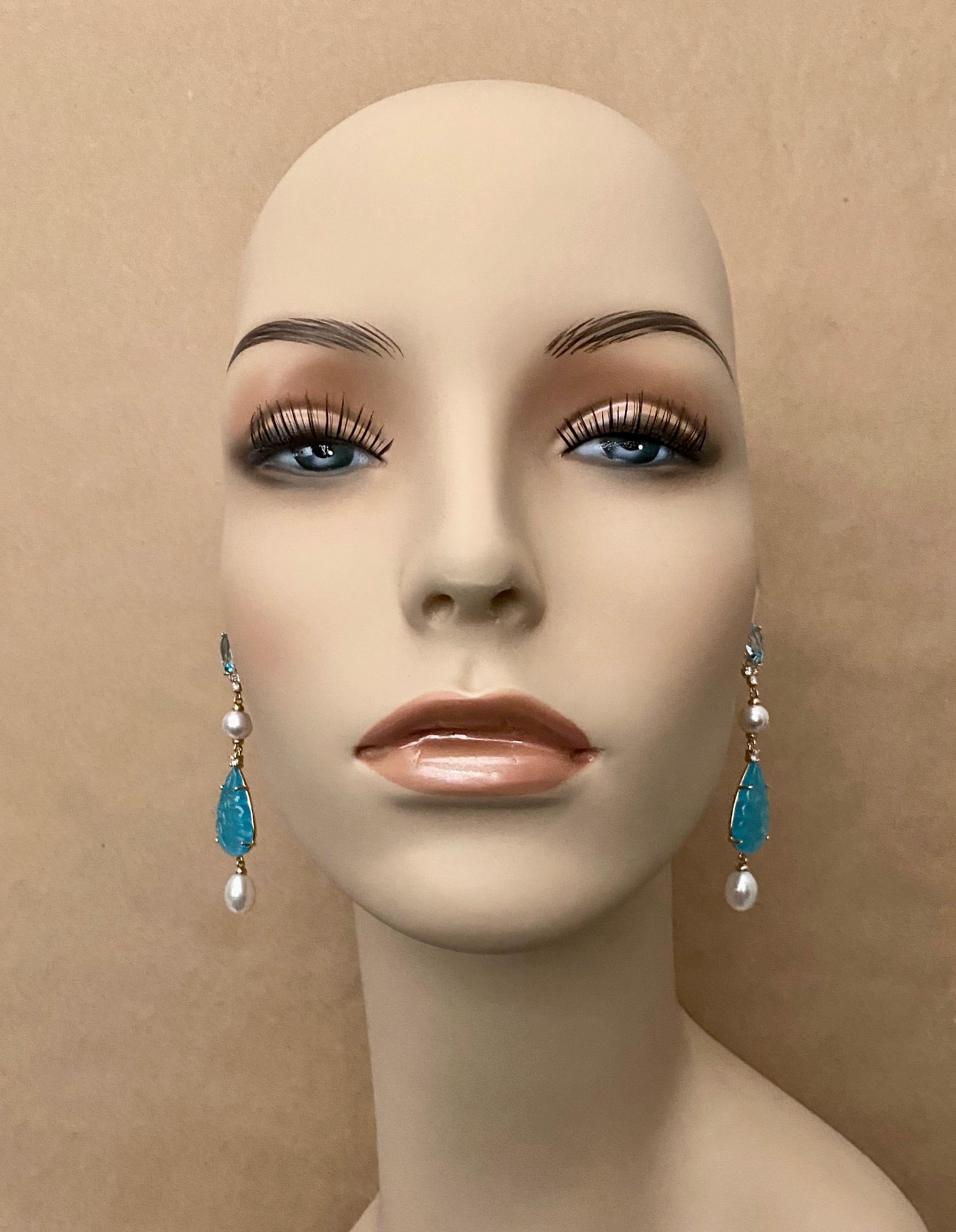 Women's or Men's Michael Kneebone Blue Topaz Diamond Akoya Pearl Blue Chalcedony Dangle Earrings For Sale