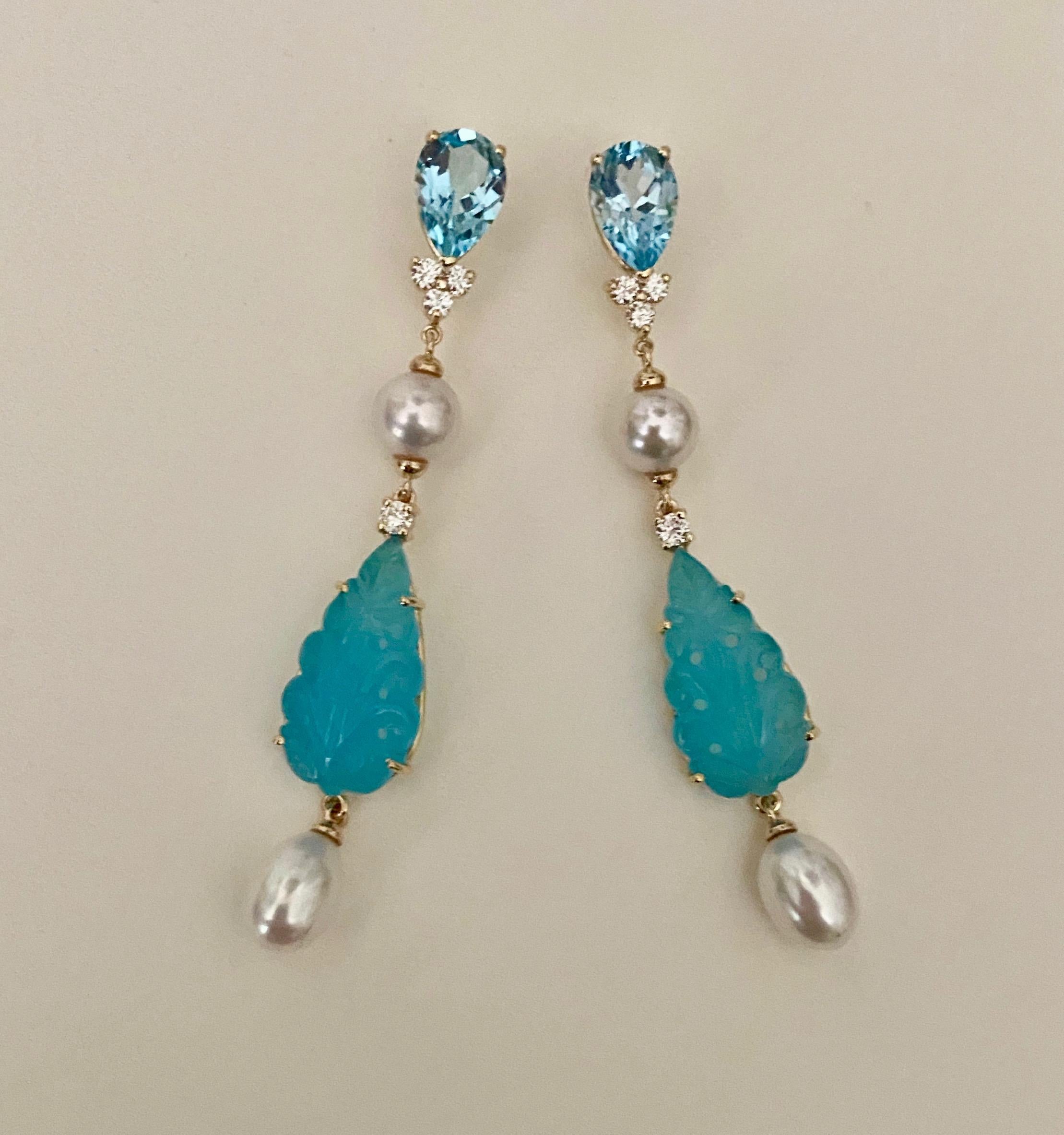 Michael Kneebone Blue Topaz Diamond Akoya Pearl Blue Chalcedony Dangle Earrings For Sale 1