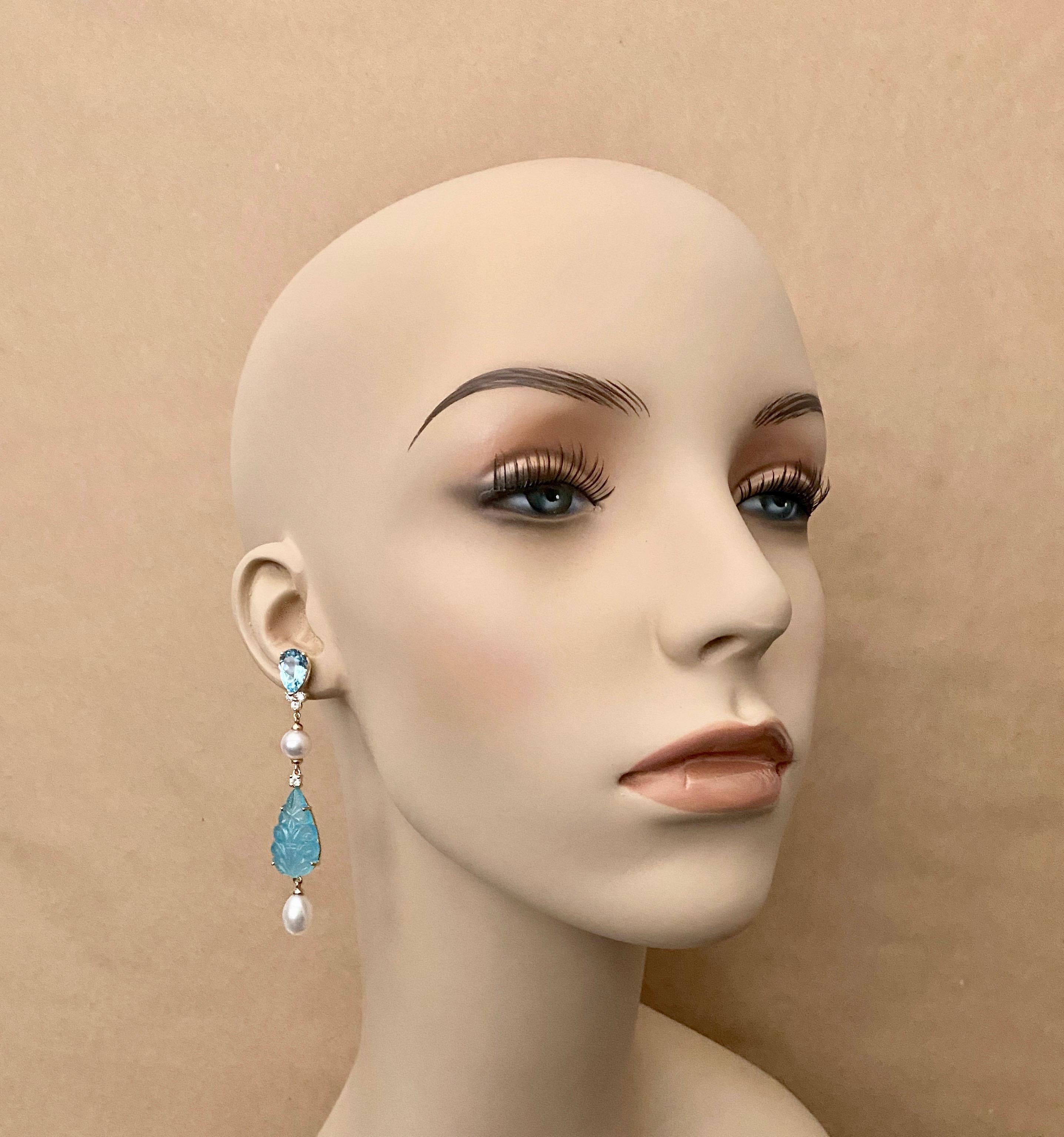 Michael Kneebone Blue Topaz Diamond Akoya Pearl Blue Chalcedony Dangle Earrings For Sale 2