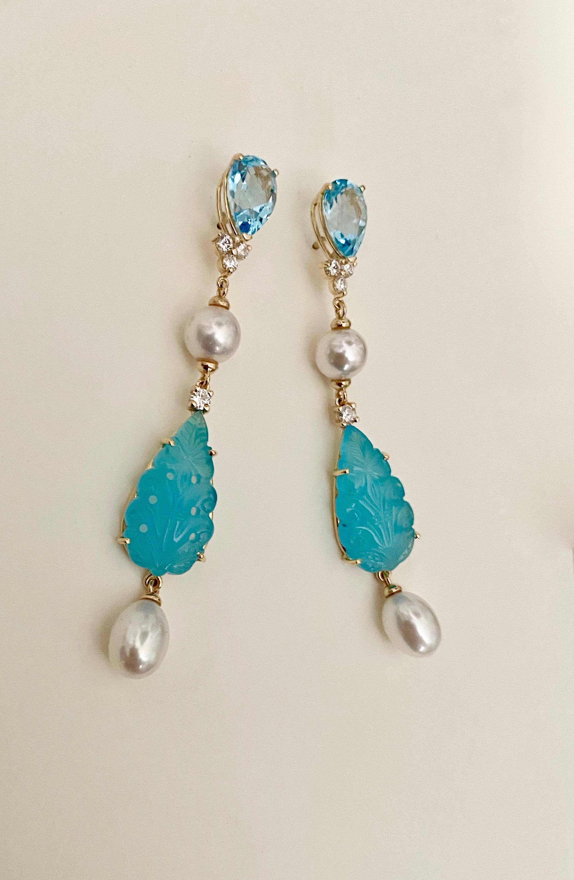 Michael Kneebone Blue Topaz Diamond Akoya Pearl Blue Chalcedony Dangle Earrings For Sale 3