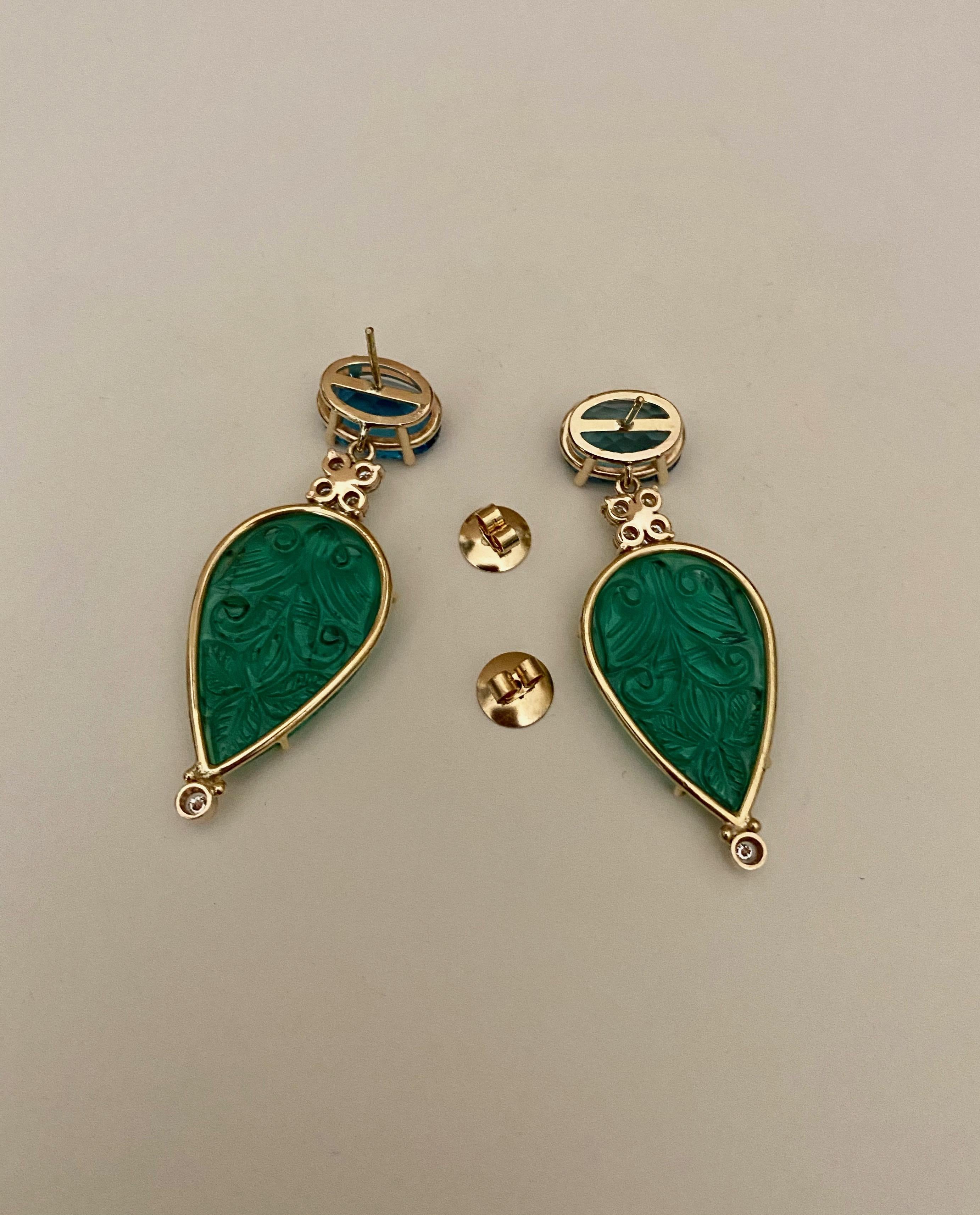 Michael Kneebone Boucles d'oreilles pendantes en topaze bleue, diamant et quartz vert sculpté en vente 6
