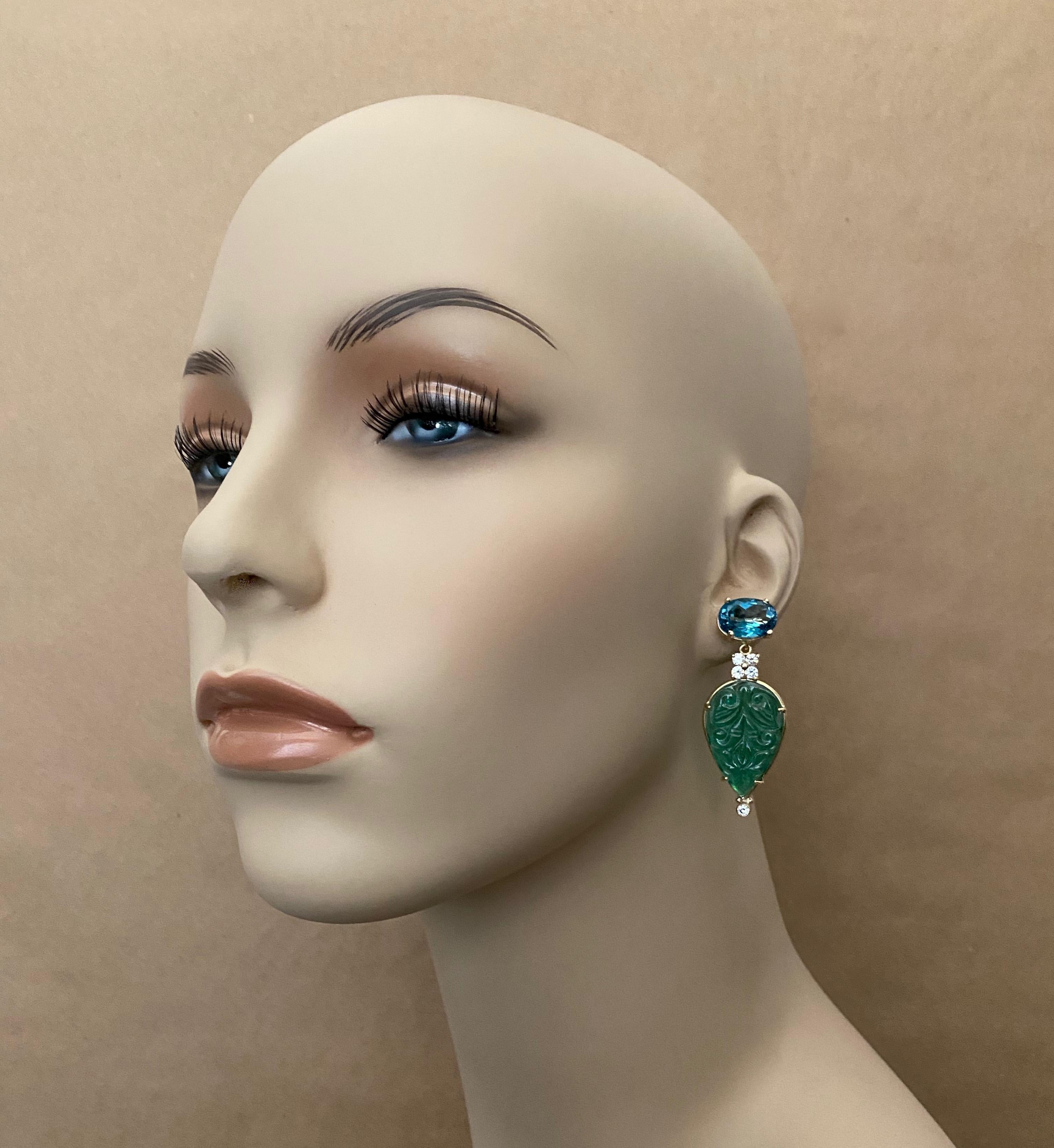 Michael Kneebone Blue Topaz Diamond Carved Green Quartz Dangle Earrings In New Condition For Sale In Austin, TX