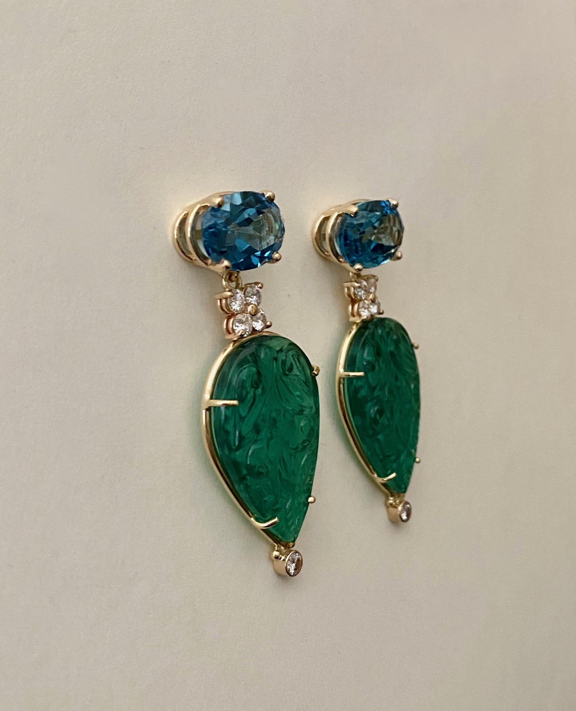 Michael Kneebone Blue Topaz Diamond Carved Green Quartz Dangle Earrings For Sale 2
