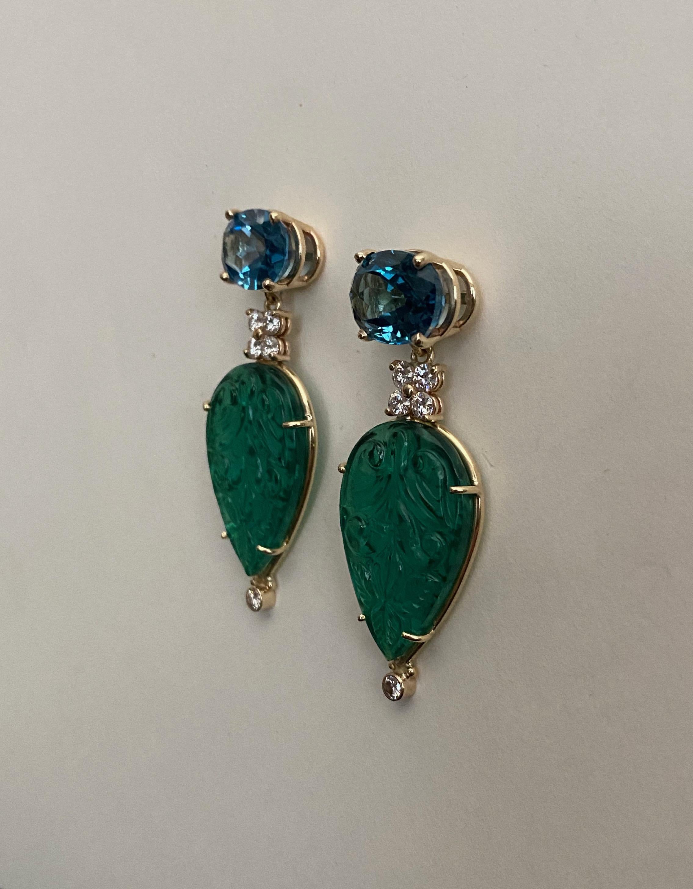 Michael Kneebone Blue Topaz Diamond Carved Green Quartz Dangle Earrings For Sale 4