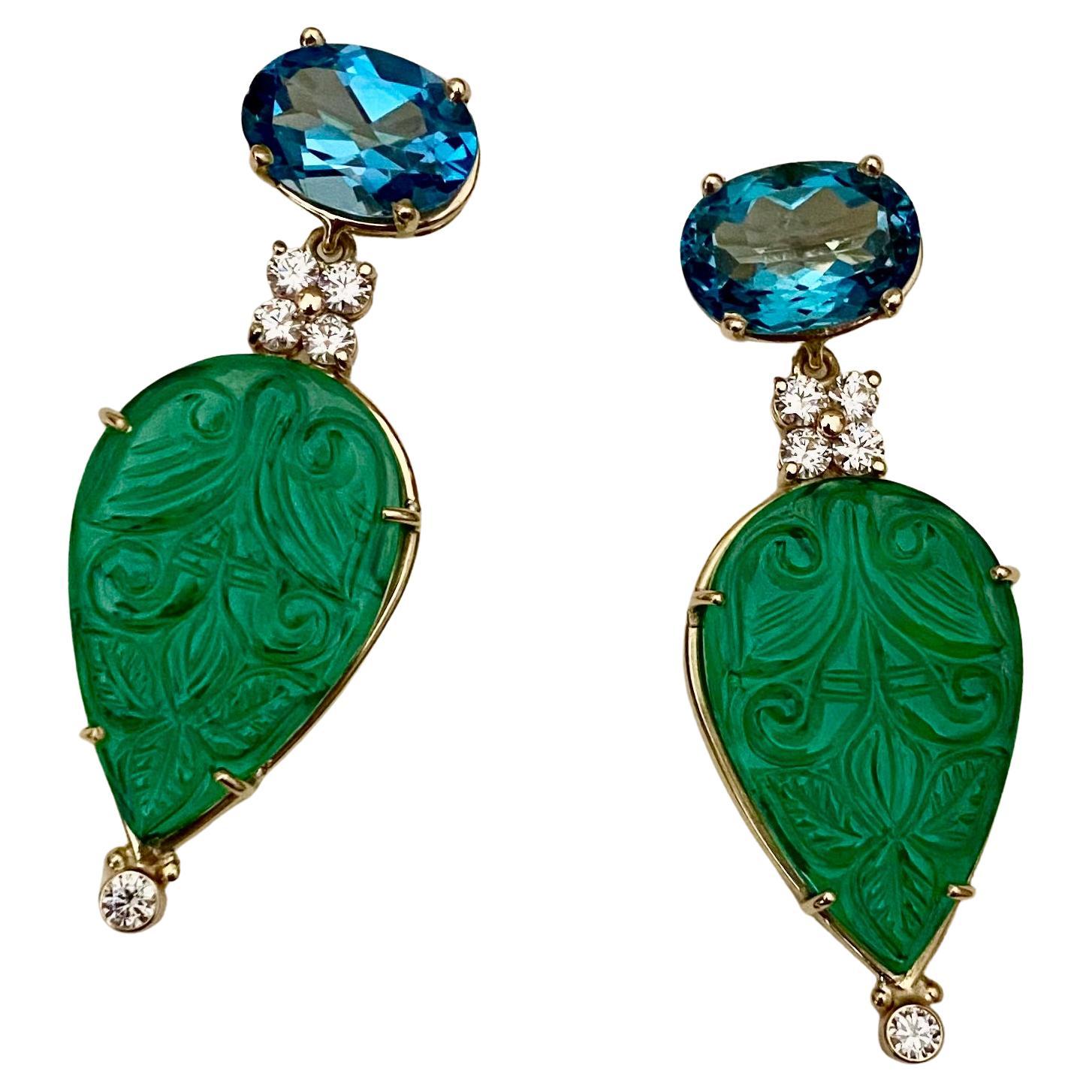 Michael Kneebone Blue Topaz Diamond Carved Green Quartz Dangle Earrings For Sale