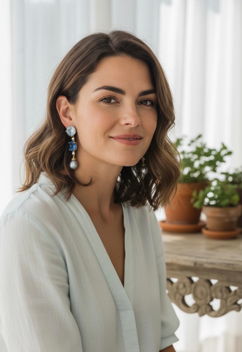 Les nuances de topaze bleue sont complétées par des perles grises dans ces élégantes boucles d'oreilles pendantes.  Des topazes bleues ciel rondes de taille portugaise couronnent les boucles d'oreilles.  Des topazes bleues de Londres de taille ovale