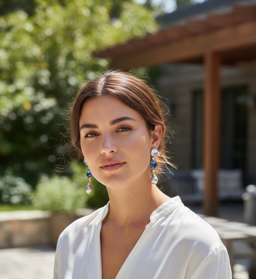 Michael Kneebone - Boucles d'oreilles pendantes en topaze bleue, diamant et perle Pour femmes en vente