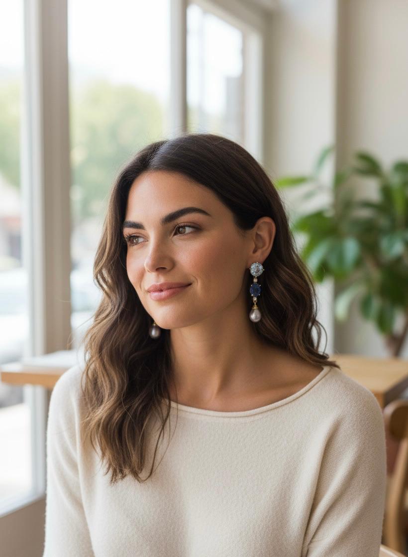 Michael Kneebone - Boucles d'oreilles pendantes en topaze bleue, diamant et perle en vente 2