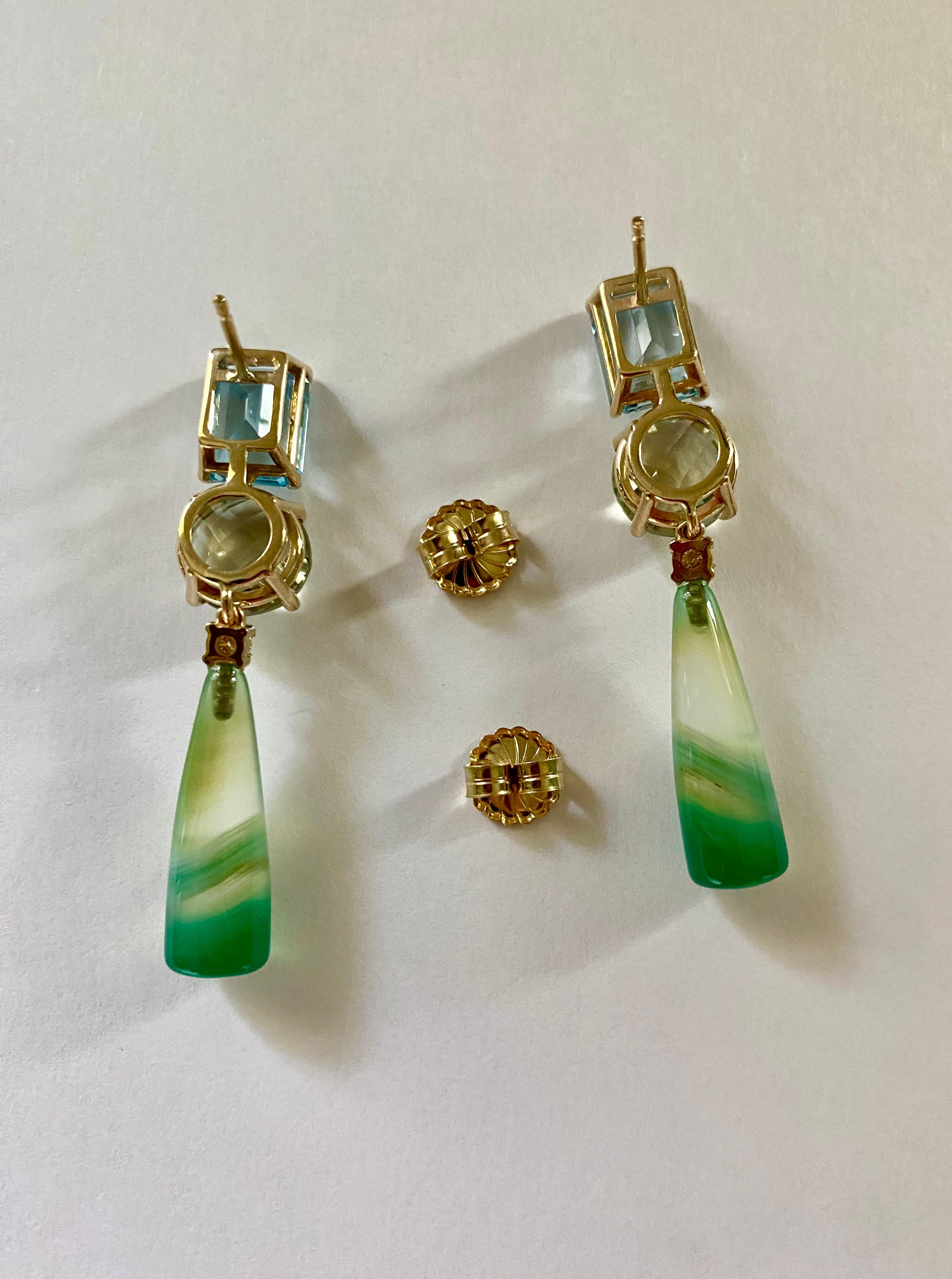 Michael Kneebone Blue Topaz Green Quartz Diamond Banded Agate Dangle Earrings For Sale 2
