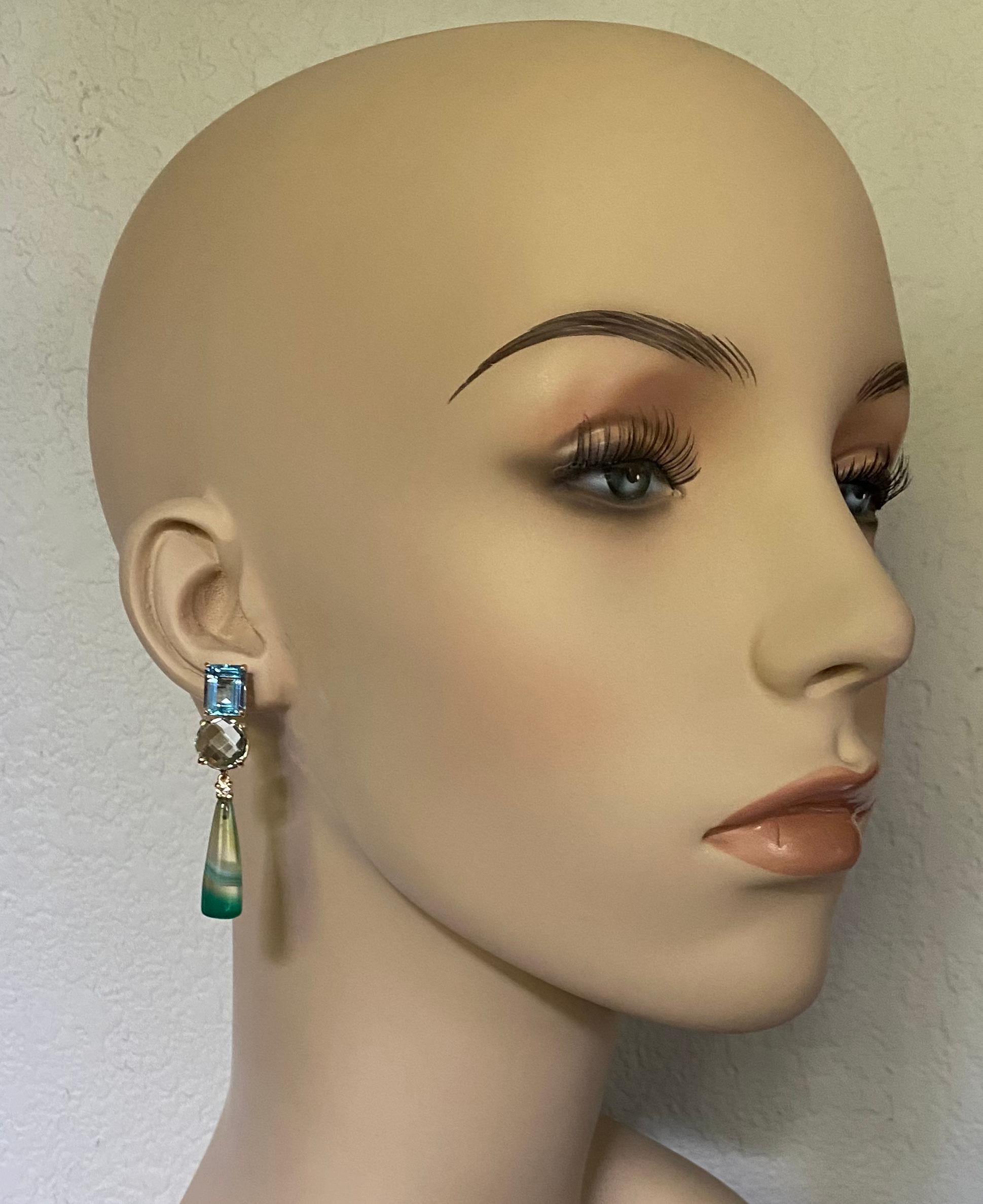 Blue topaz, green quartz, diamond and banded chalcedony agate  comprise these discerning dangle earrings.  The emerald cut blue topaz (origin: Brazil) is a delicate sky blue color.  The gems are well cut, polished and matched.  The round green