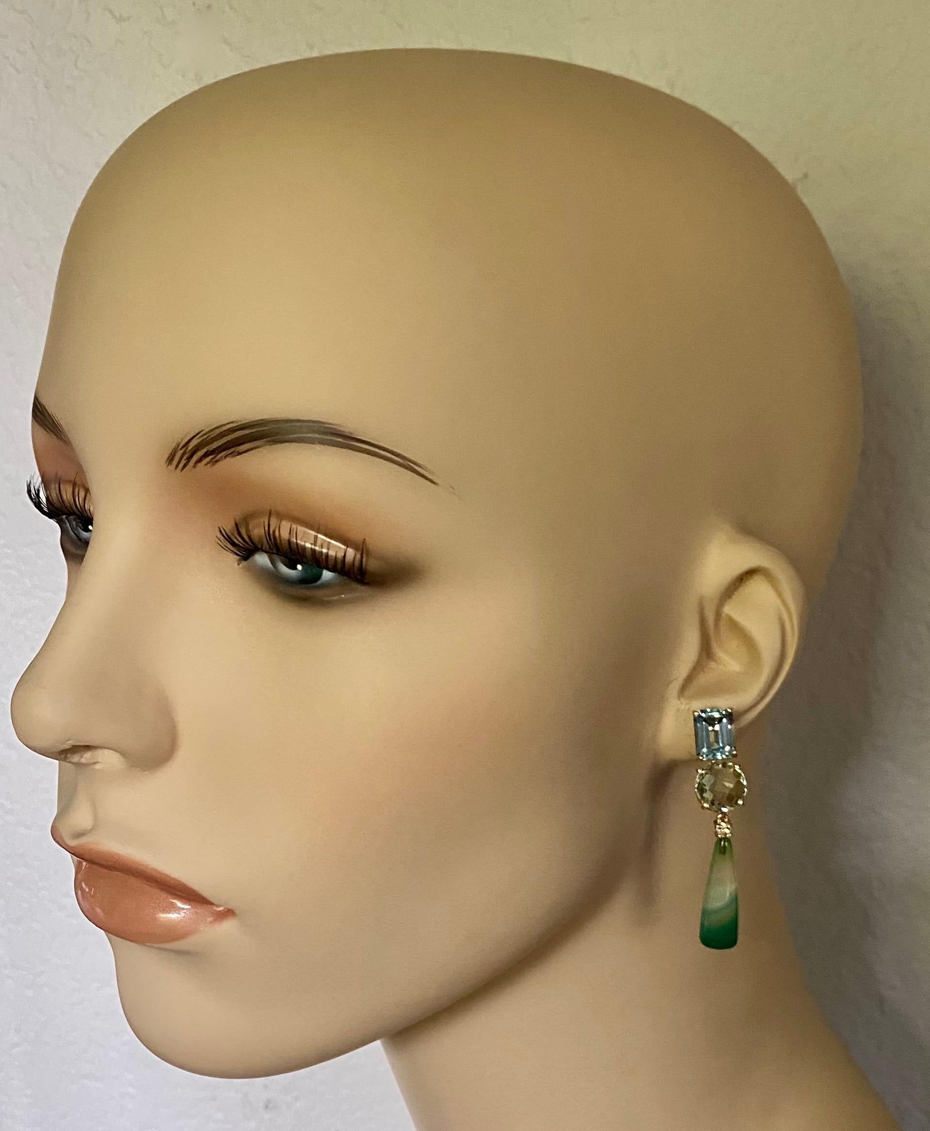 Contemporary Michael Kneebone Blue Topaz Green Quartz Diamond Banded Agate Dangle Earrings For Sale