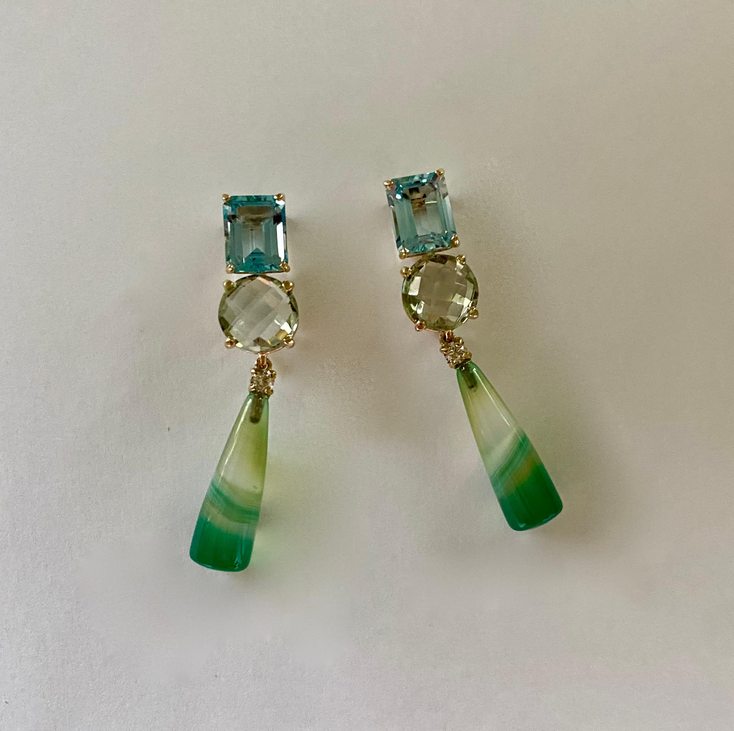 Contemporary Michael Kneebone Blue Topaz Green Quartz Diamond Banded Agate Dangle Earrings For Sale
