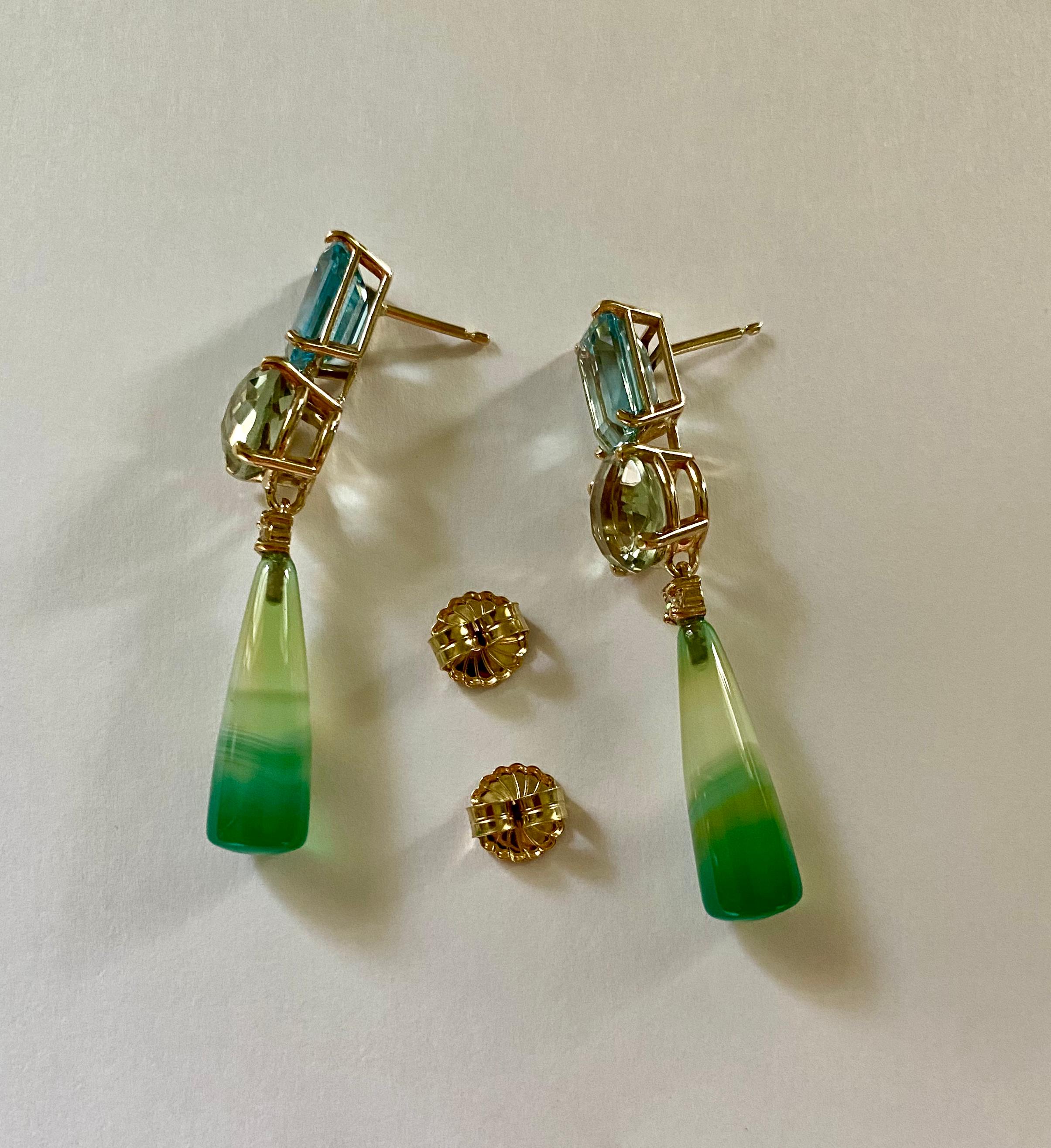 Michael Kneebone Blue Topaz Green Quartz Diamond Banded Agate Dangle Earrings In New Condition For Sale In Austin, TX