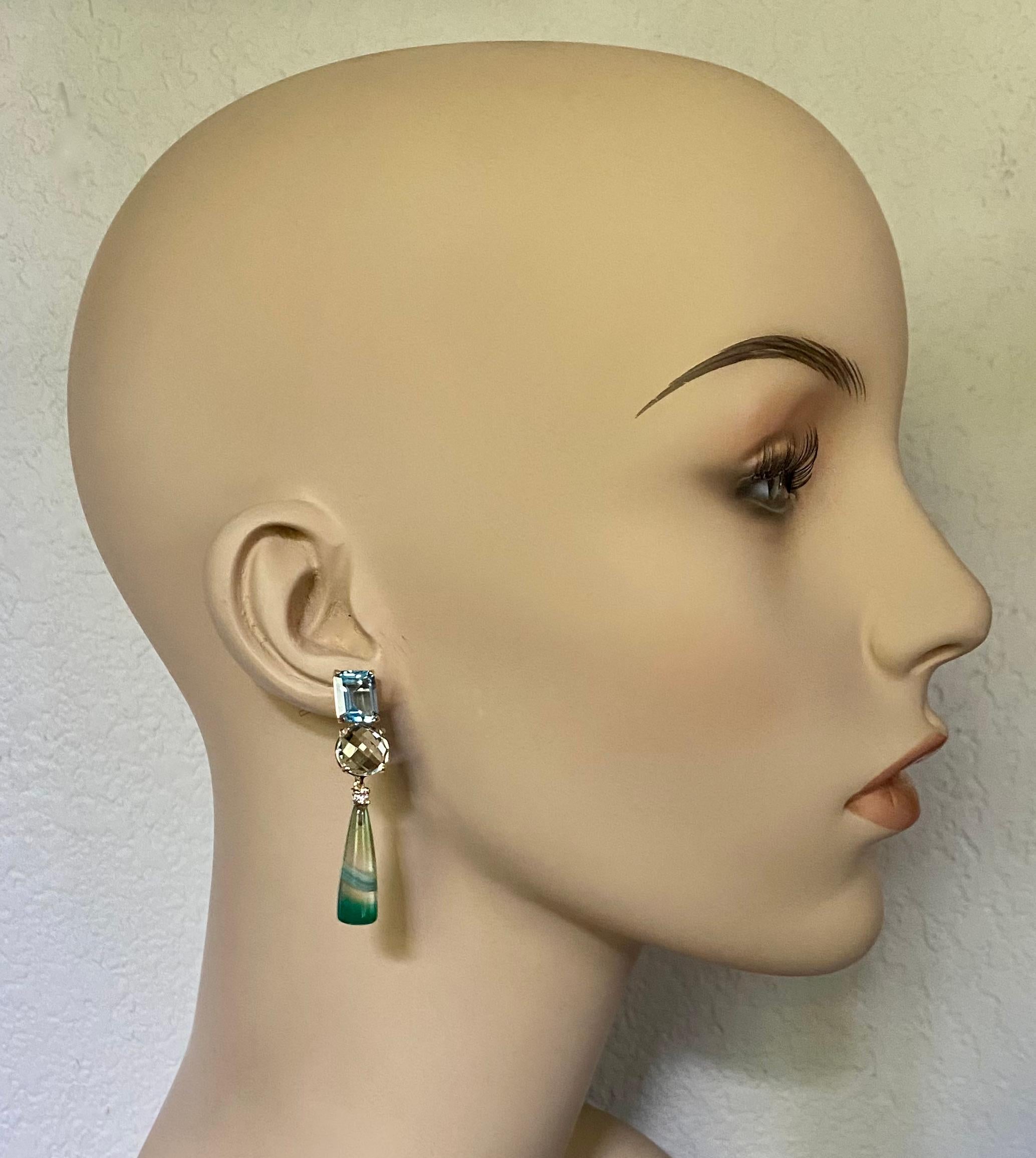 Michael Kneebone Blue Topaz Green Quartz Diamond Banded Agate Dangle Earrings In New Condition For Sale In Austin, TX