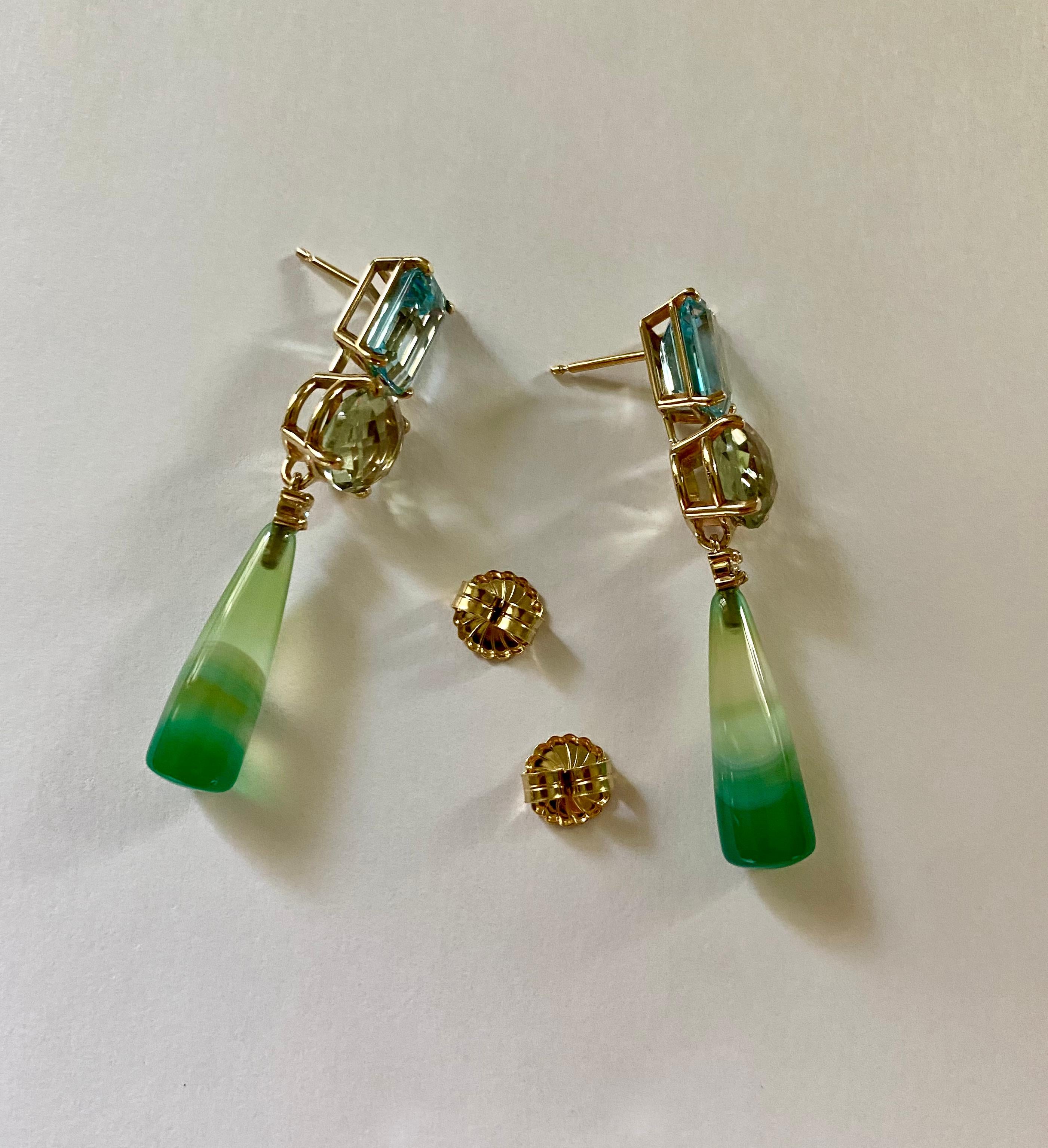 Michael Kneebone Blue Topaz Green Quartz Diamond Banded Agate Dangle Earrings For Sale 1