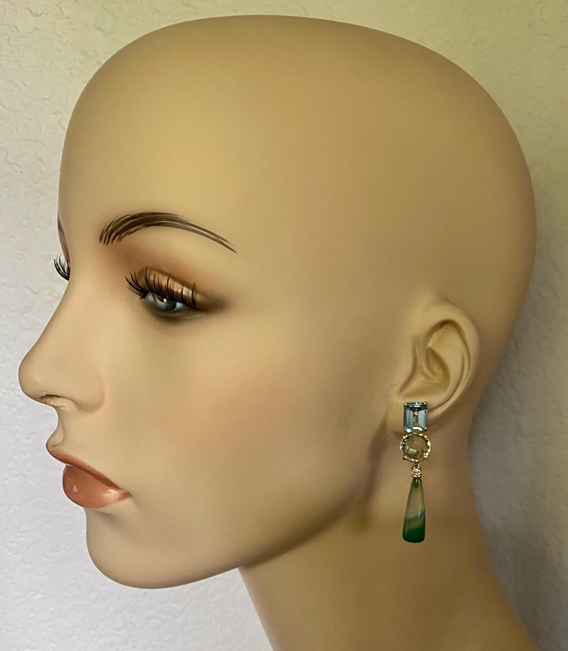 Michael Kneebone Blue Topaz Green Quartz Diamond Banded Agate Dangle Earrings For Sale 2
