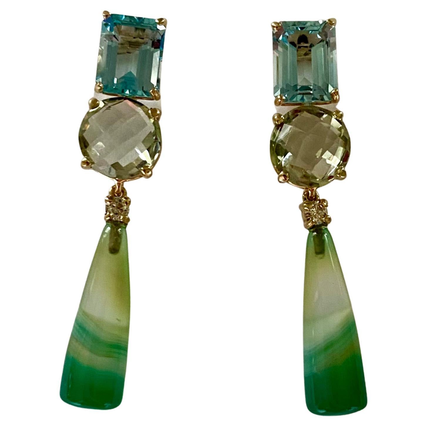 Michael Kneebone Blue Topaz Green Quartz Diamond Banded Agate Dangle Earrings For Sale