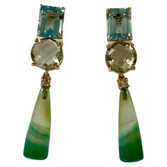 Michael Kneebone Blue Topaz Green Quartz Diamond Banded Agate Dangle Earrings