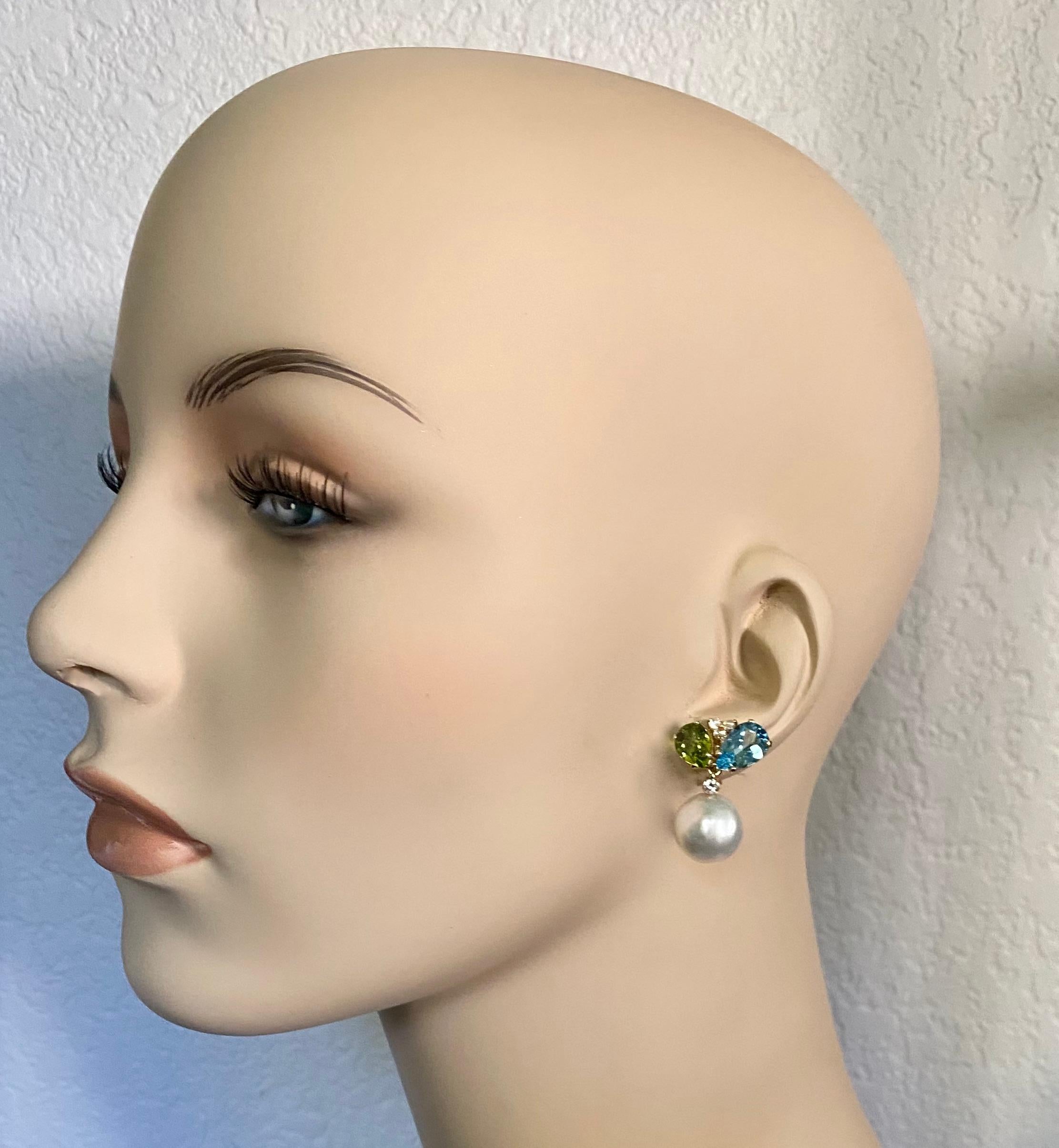 Michael Kneebone Blue Topaz Peridot Diamond South Seas Pearl Dangle Earrings For Sale 4