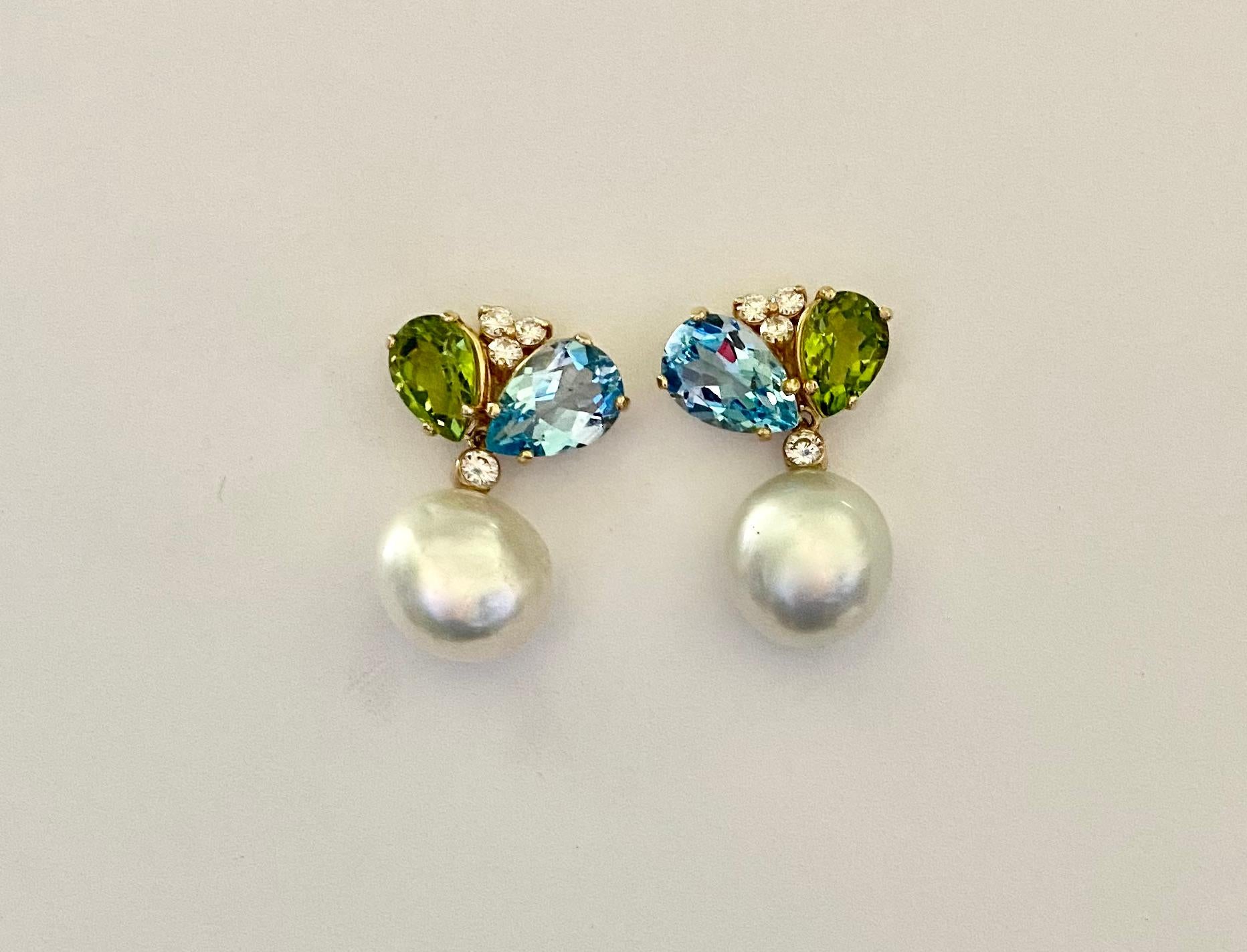 Michael Kneebone Blue Topaz Peridot Diamond South Seas Pearl Dangle Earrings In New Condition For Sale In Austin, TX