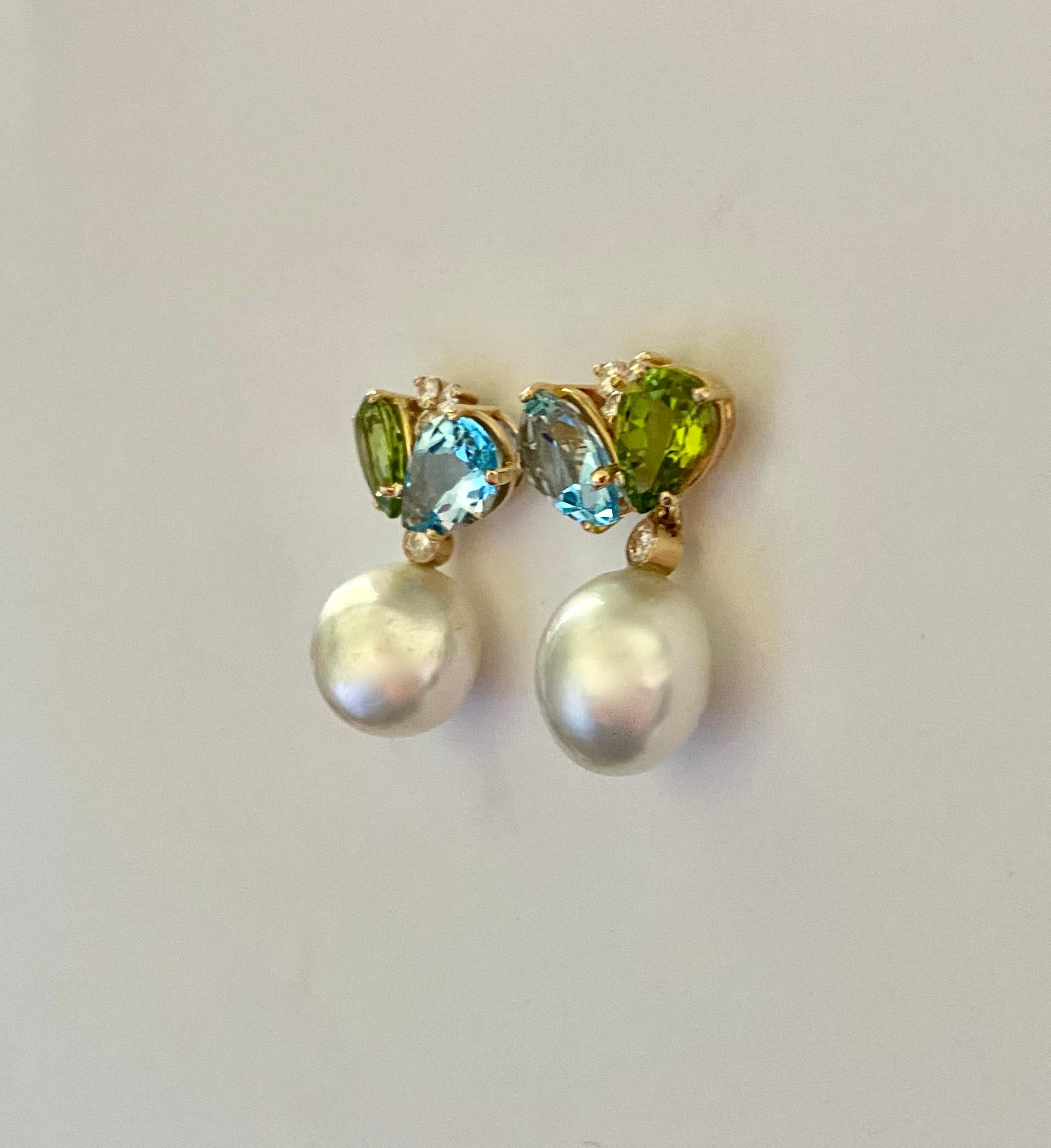 Michael Kneebone Blue Topaz Peridot Diamond South Seas Pearl Dangle Earrings For Sale 1
