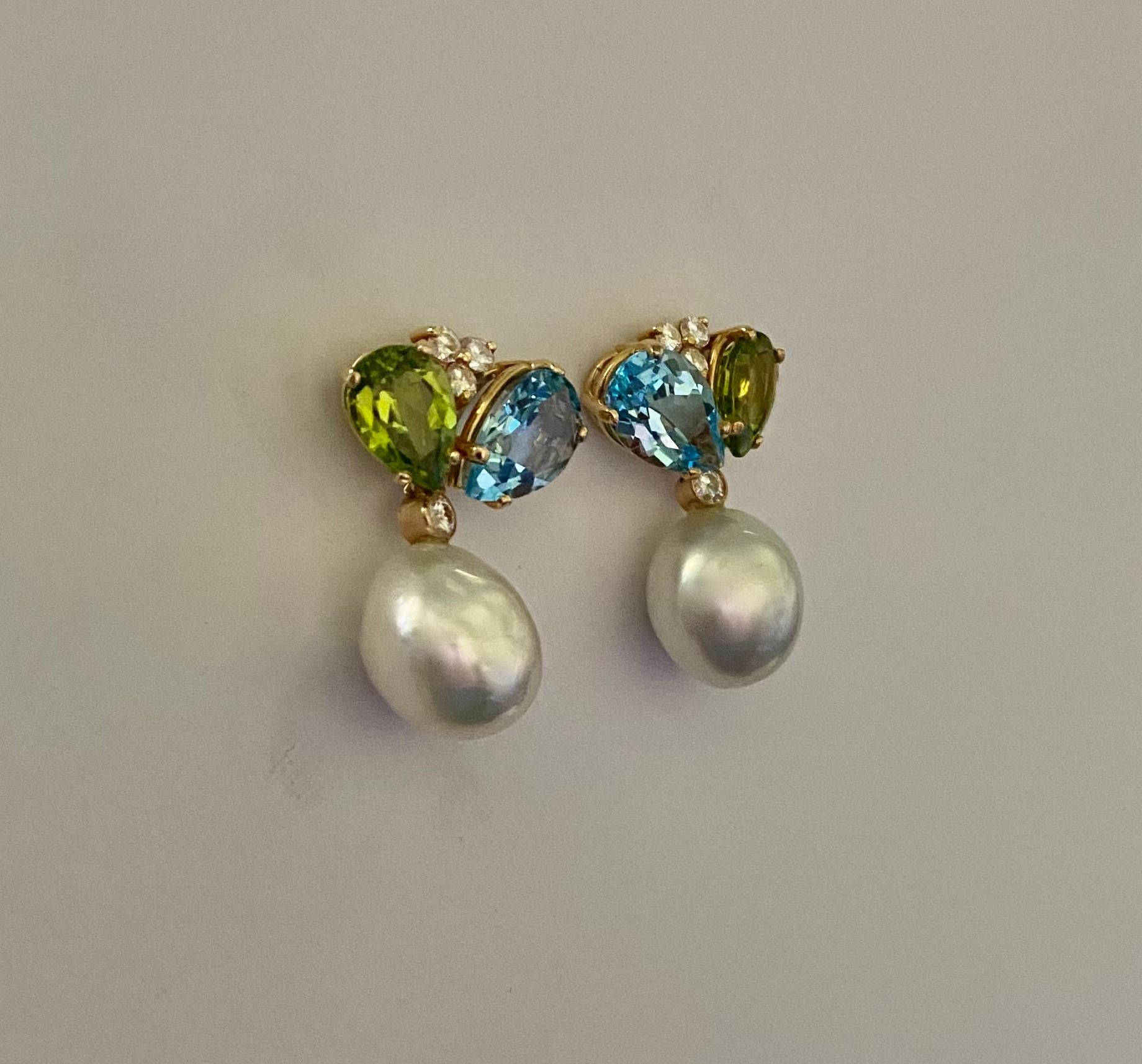 Michael Kneebone Blue Topaz Peridot Diamond South Seas Pearl Dangle Earrings For Sale 3