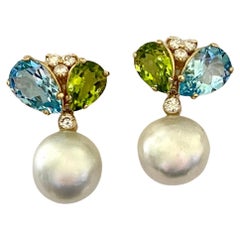 Michael Kneebone Blue Topaz Peridot Diamond South Seas Pearl Dangle Earrings