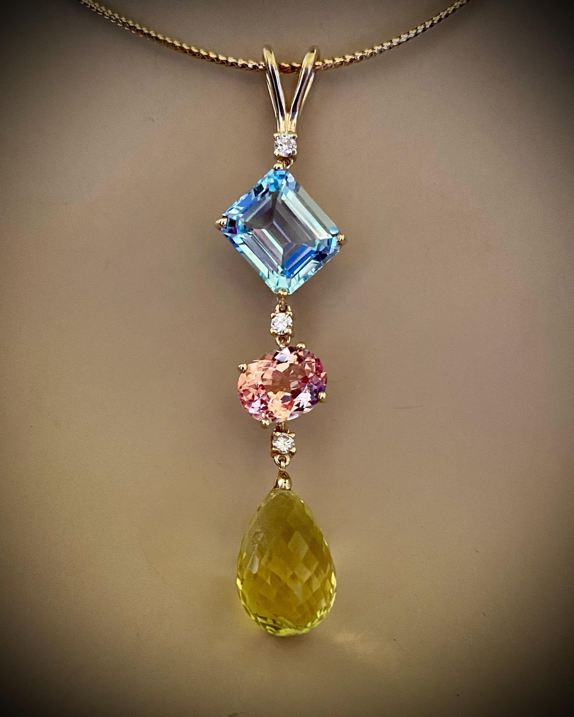 Women's Michael Kneebone Blue Topaz Pink Topaz Diamond Lemon Citrine Stiletto Pendant For Sale